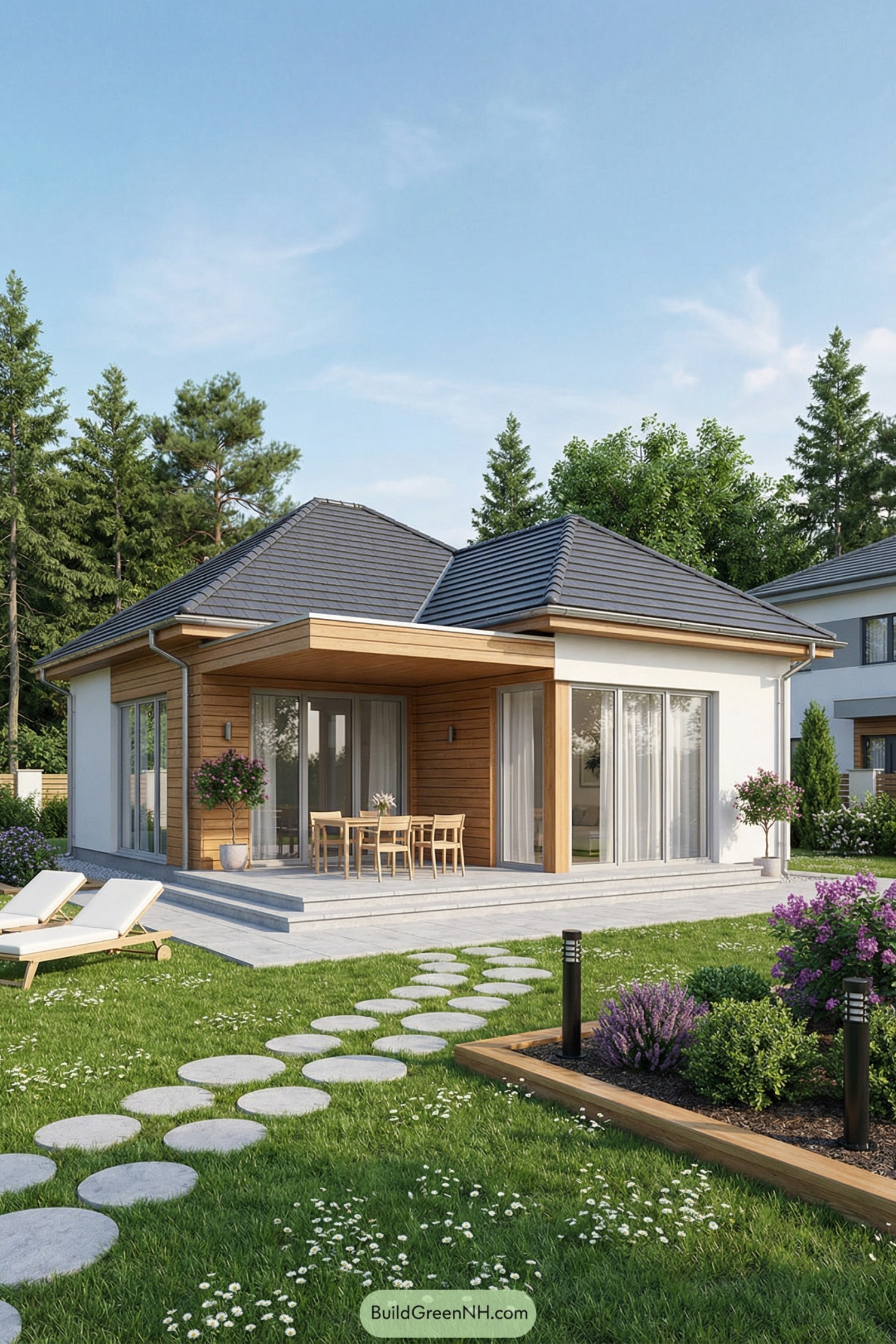 Single story villa with dark hipped roof, wood accented walls, and large glass doors opening to a patio in a landscaped garden