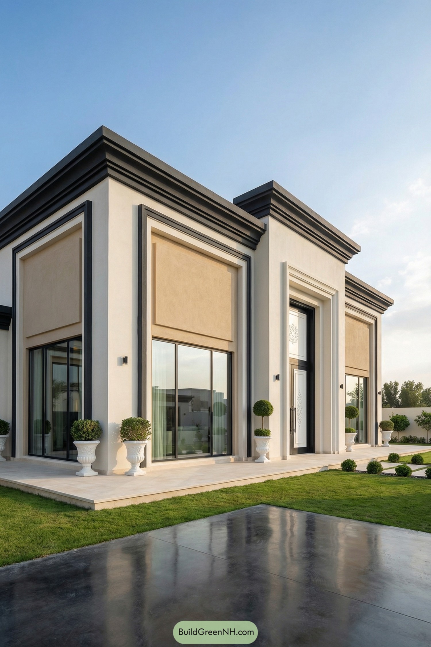 Modern single story villa with tall framed facades, large glass doors, and manicured lawn