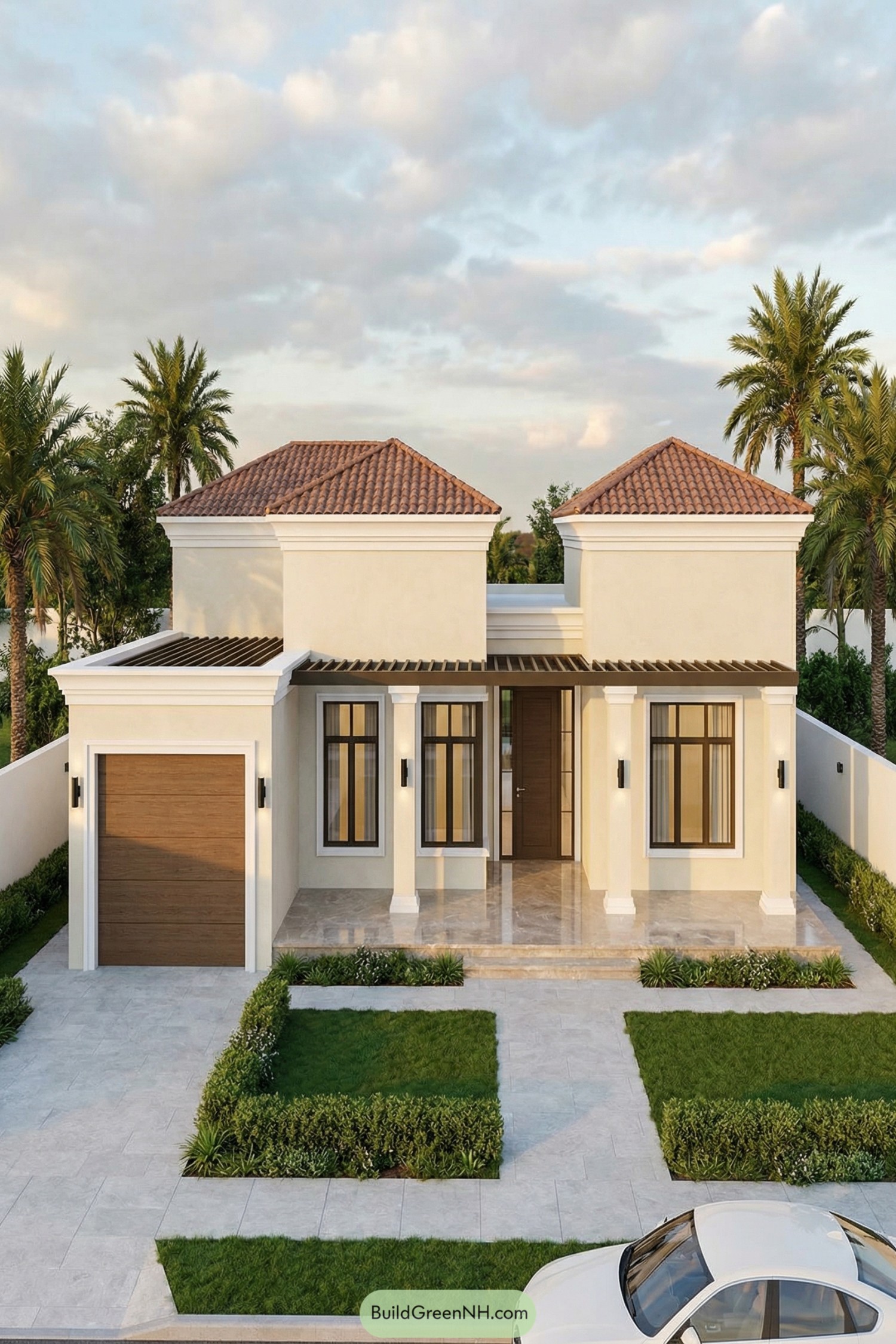 Mediterranean style single story villa with twin tiled roof volumes, pergola entry, and manicured front garden