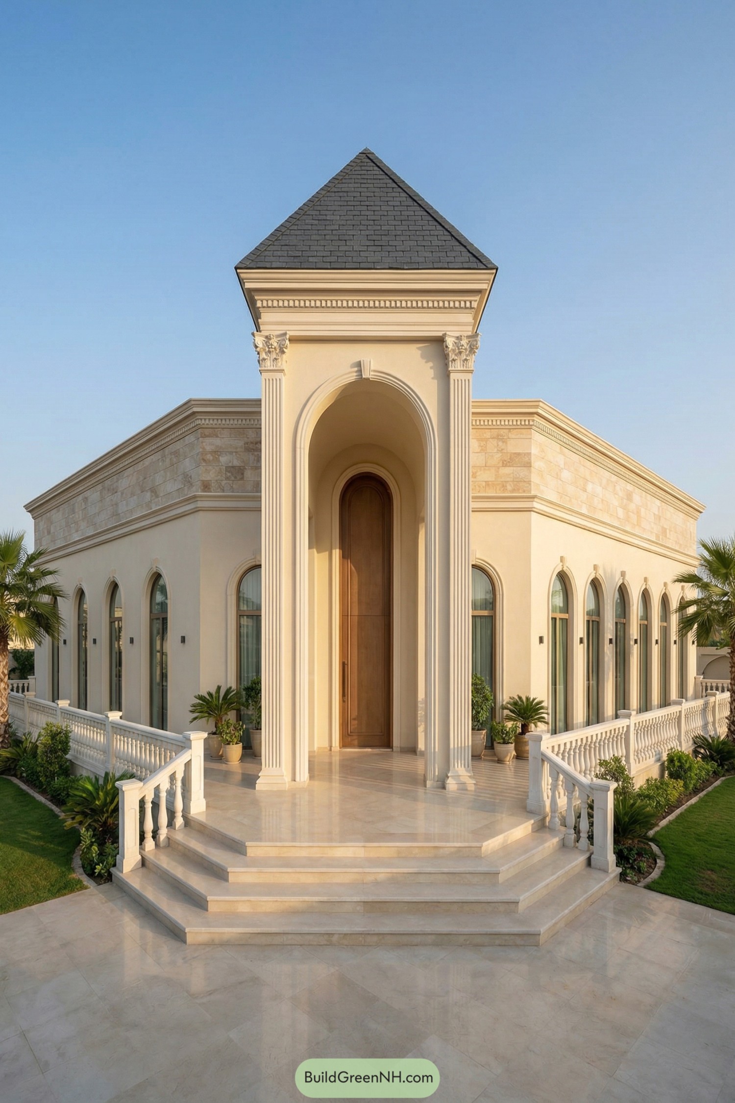 Elegant cream colored single story villa with tall arched entry and classical columns