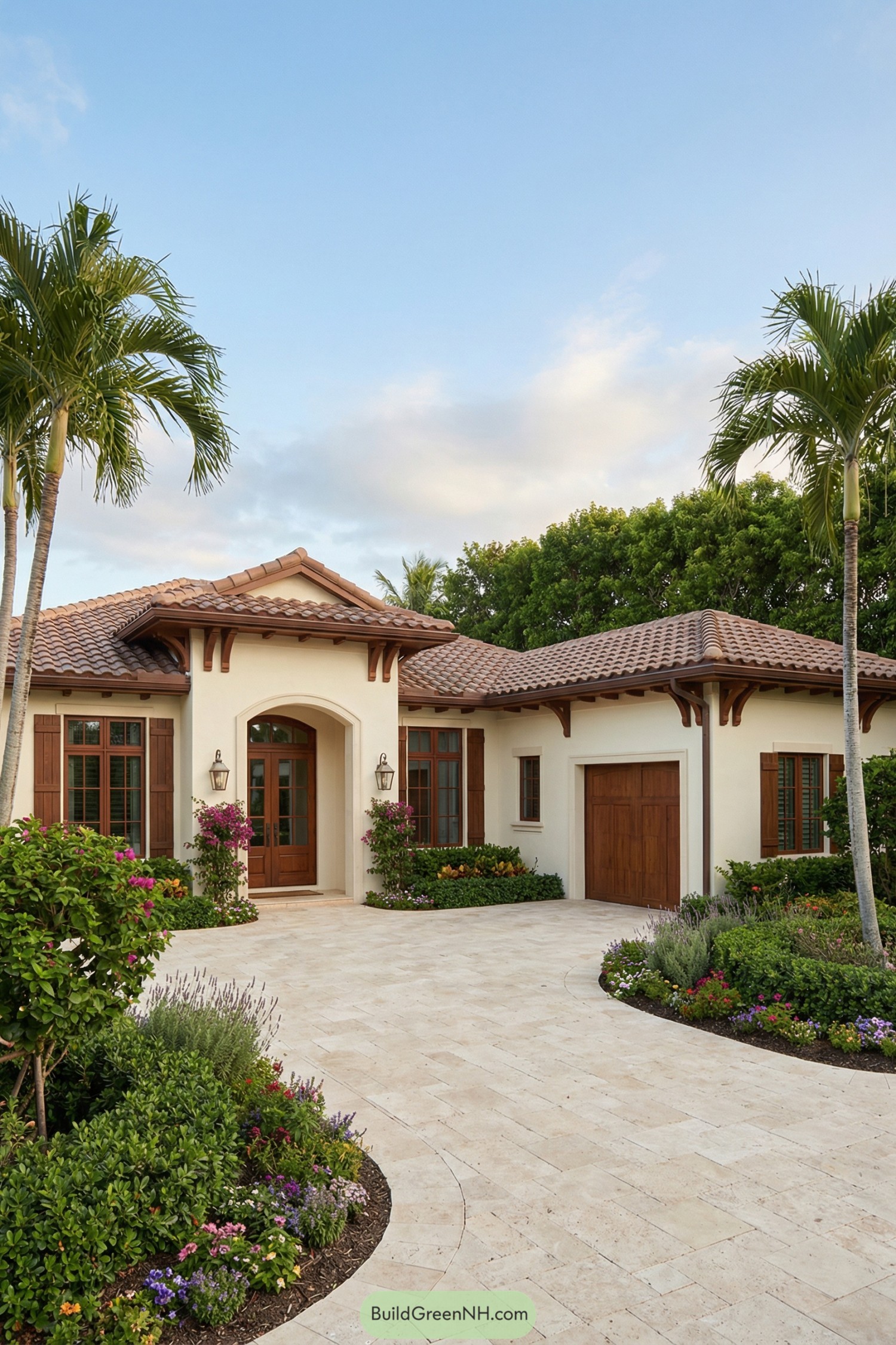 Cream stucco single story villa with tiled roof, wood accents, and lush tropical landscaping along a stone driveway