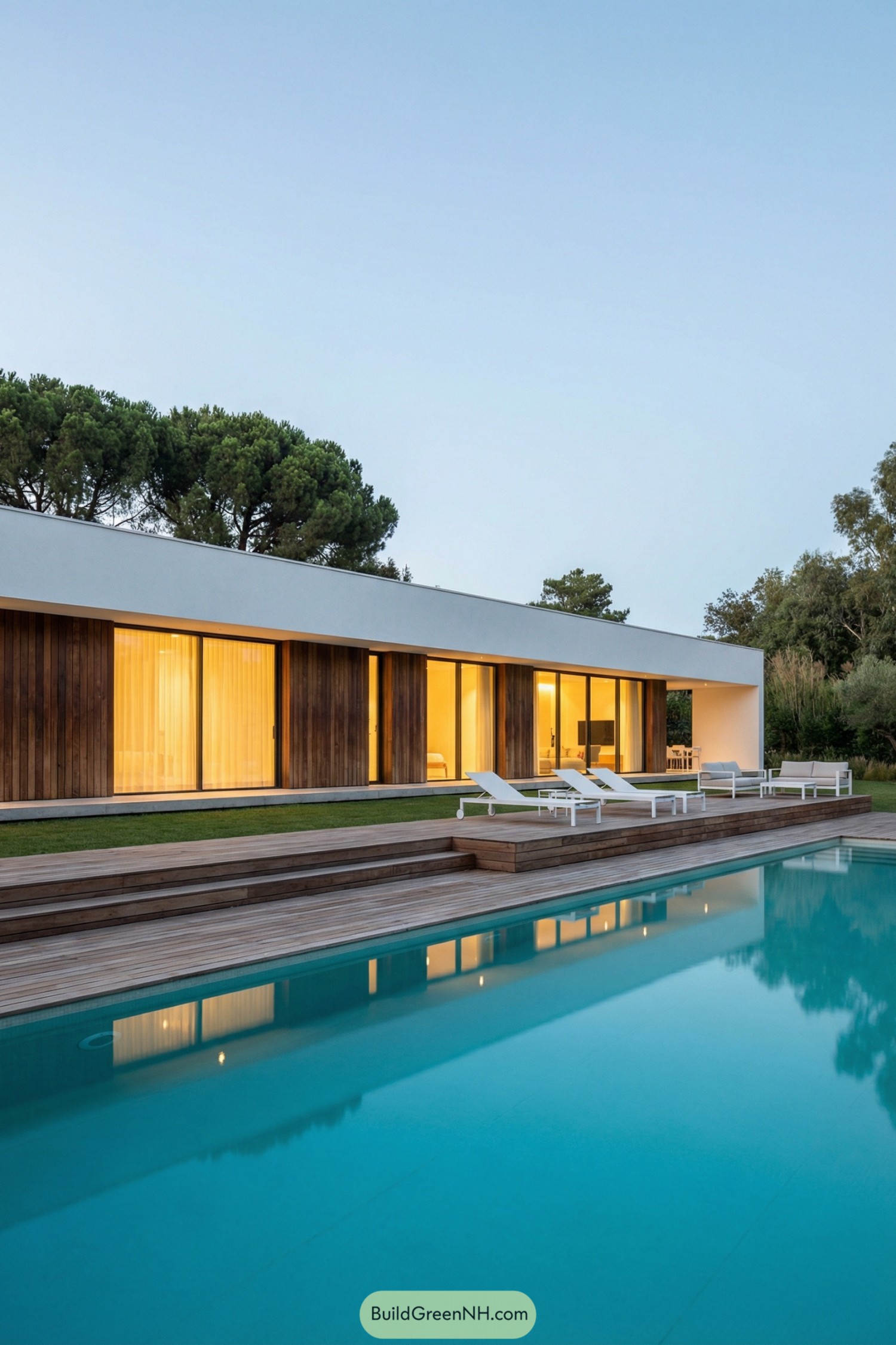 Single story modern villa with wood cladding and long poolside deck