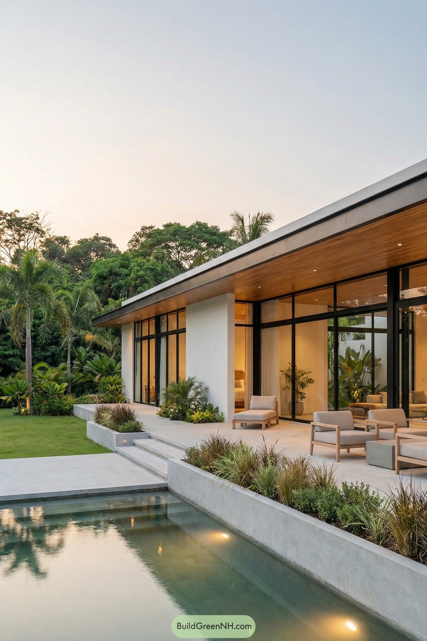 Modern single story villa with glass façade opening to pool terrace and lush tropical garden