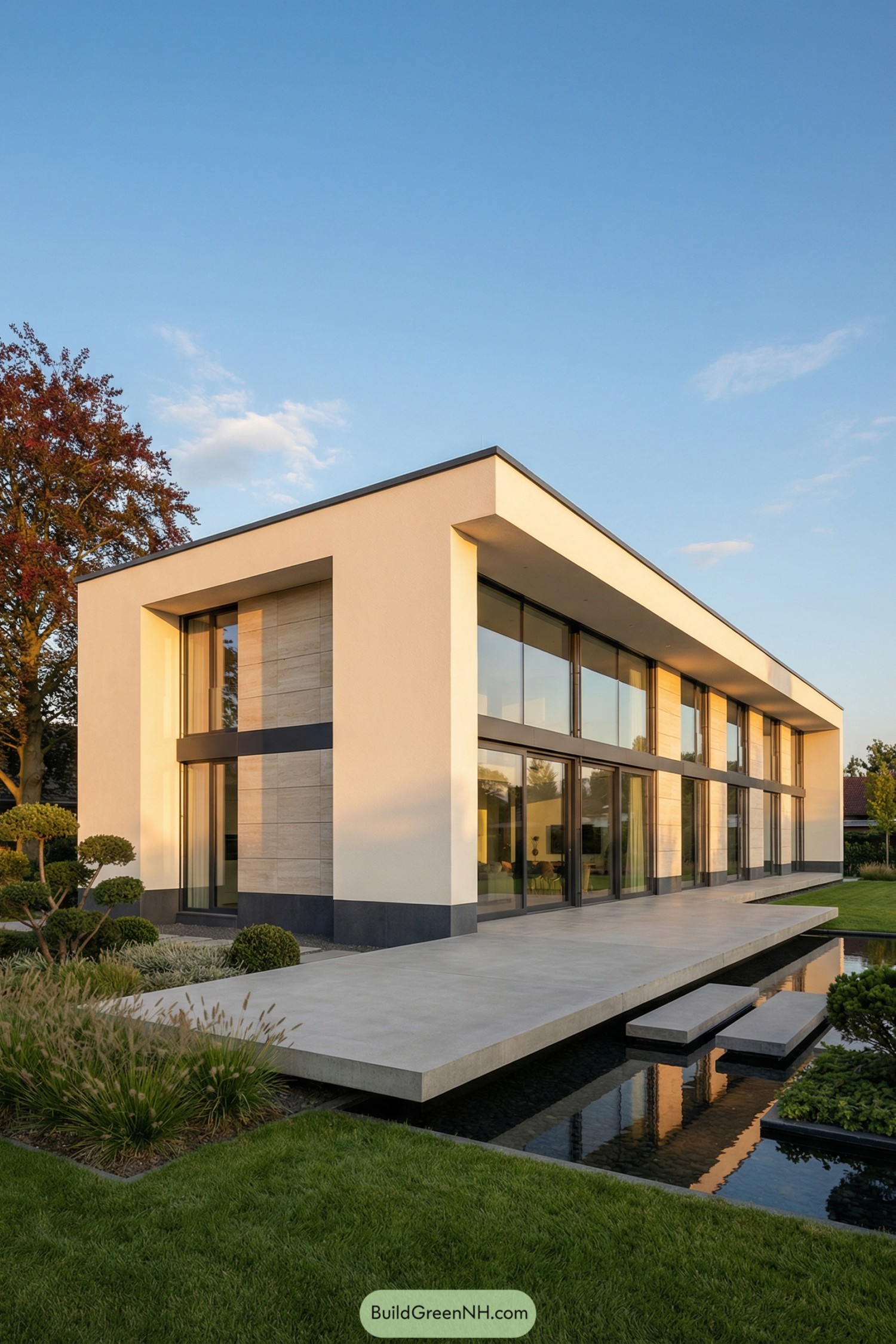Modern single story villa with long glass façade, floating terrace, and reflecting water feature