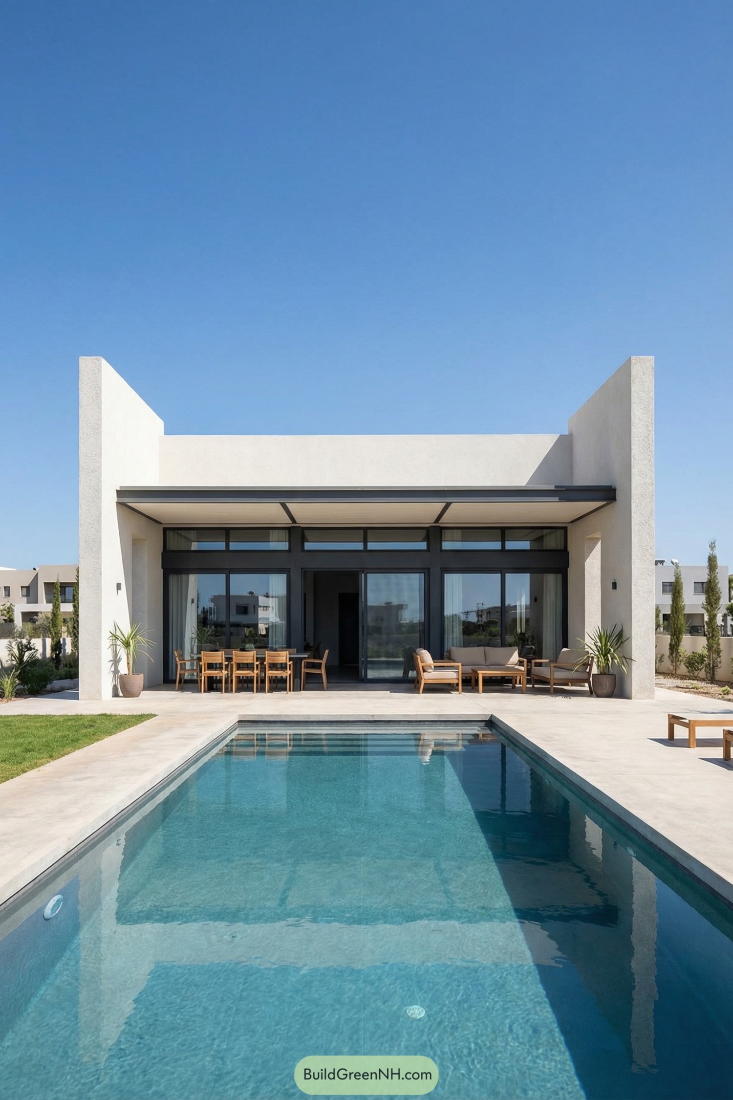 high-res photo of single floor villa, modern minimalist facade with clean horizontal lines, white smooth stucco walls and two tall side piers framing a deep central veranda; neutral white and light beige colors dominate, contrasted by dark charcoal window frames and subtle warm wood furniture tones; long rectangular single floor villa massing, strictly one story, wide and low with strong horizontal proportions facing a swimming pool; exterior materials in painted stucco, metal window frames, slim metal roof edging, light stone or concrete terrace paving, and natural wood outdoor furniture; flat roof with a thin overhanging canopy above the veranda, clean edges, no visible tiles or eaves details; large floor-to-ceiling sliding glass windows in dark aluminum frames, two symmetrical side windows and one wider central opening, all highly reflective; central wide sliding glass door integrated into the main glazing, minimal frame, flanked by plain wall sections; outdoor area with a covered terrace, dining table with multiple wooden chairs on the left, lounge zone with light-colored sofas, armchairs, and low tables on the right, all under the veranda, plus a long rectangular swimming pool in the foreground with clear blue water creating a full reflection of the single floor villa; minimal landscaping with a narrow grass strip between pool and terrace, a few potted architectural plants near the facade, and an open, well-kept lawn extending to the sides and rear; surrounding environment with distant low contemporary buildings and scattered slender trees under a cloudless deep blue sky; overall setting and scene calm, bright midday light, strong reflections in the pool, centered frontal composition emphasizing the symmetry and width of the single floor villa. single floor villa, real-life photo, high-resolution, architectural photography, soft lighting, cinematic composition.