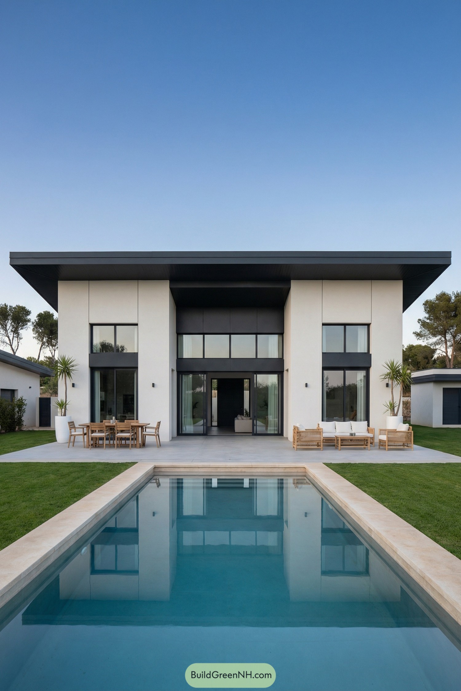Modern villa with flat roof, large windows, and a narrow pool stretching from the patio