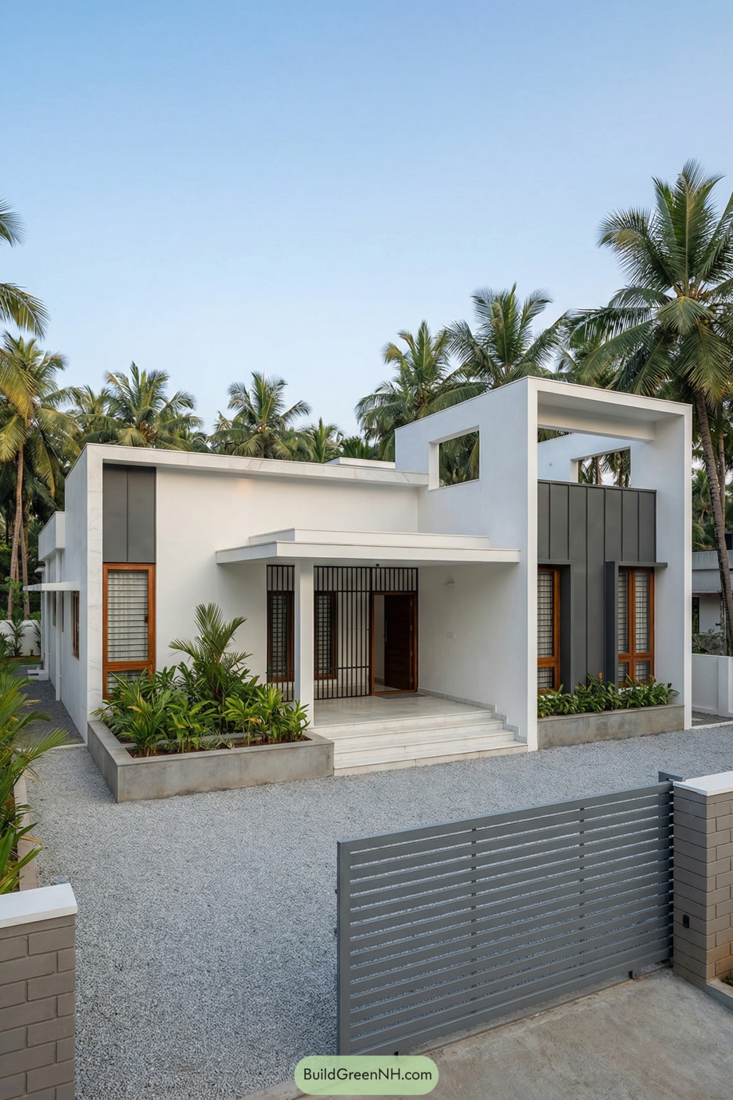 Modern single story villa with white geometric forms dark vertical panels and palm trees in the background