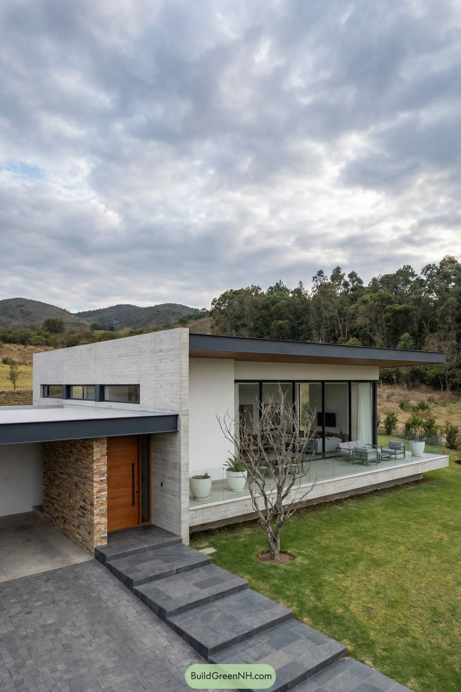 Single story modern villa with large glass facade, stone accents, and raised terrace overlooking a grassy yard and distant hills