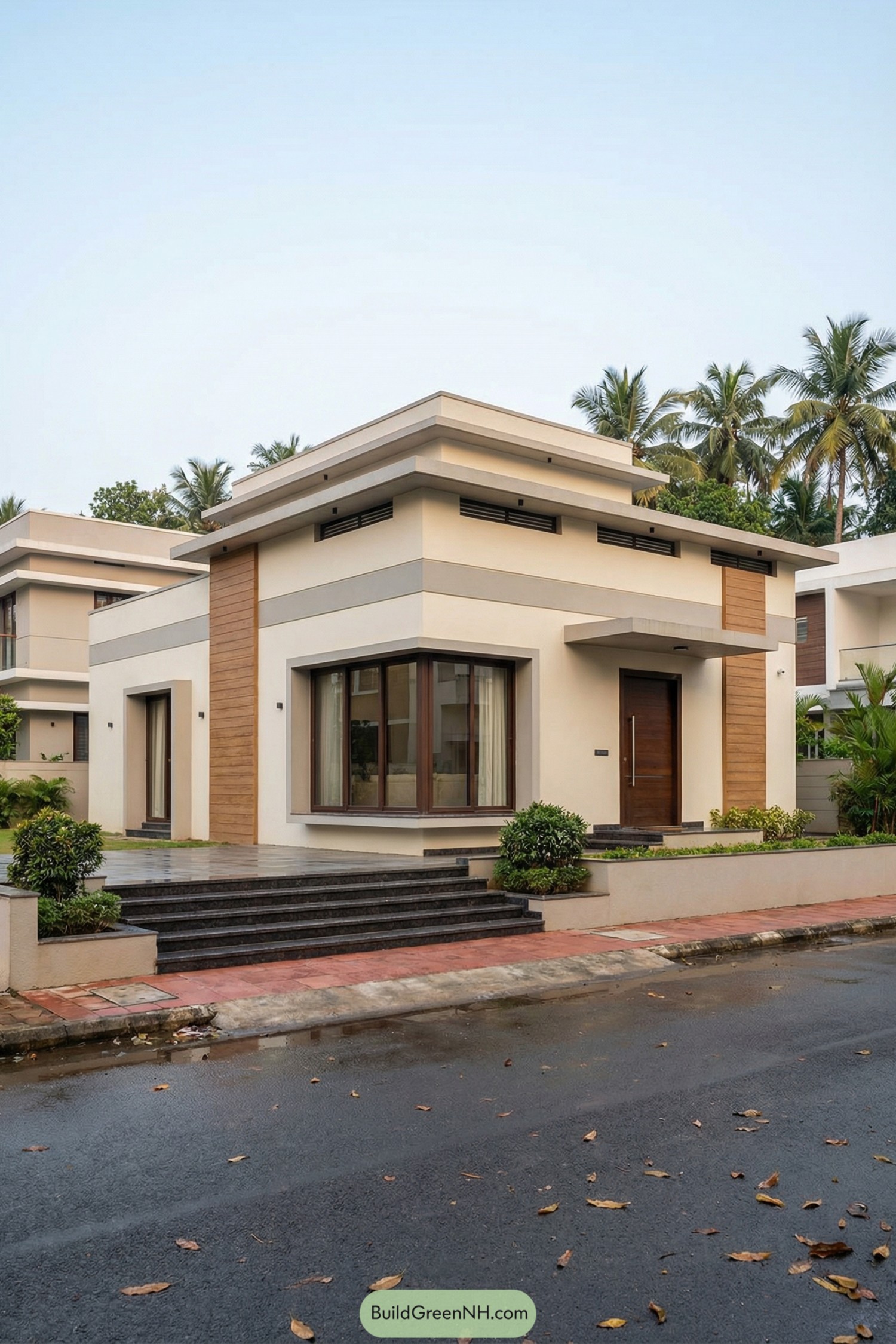 Modern single story villa with layered flat roofs, corner glazing, and warm wood accents