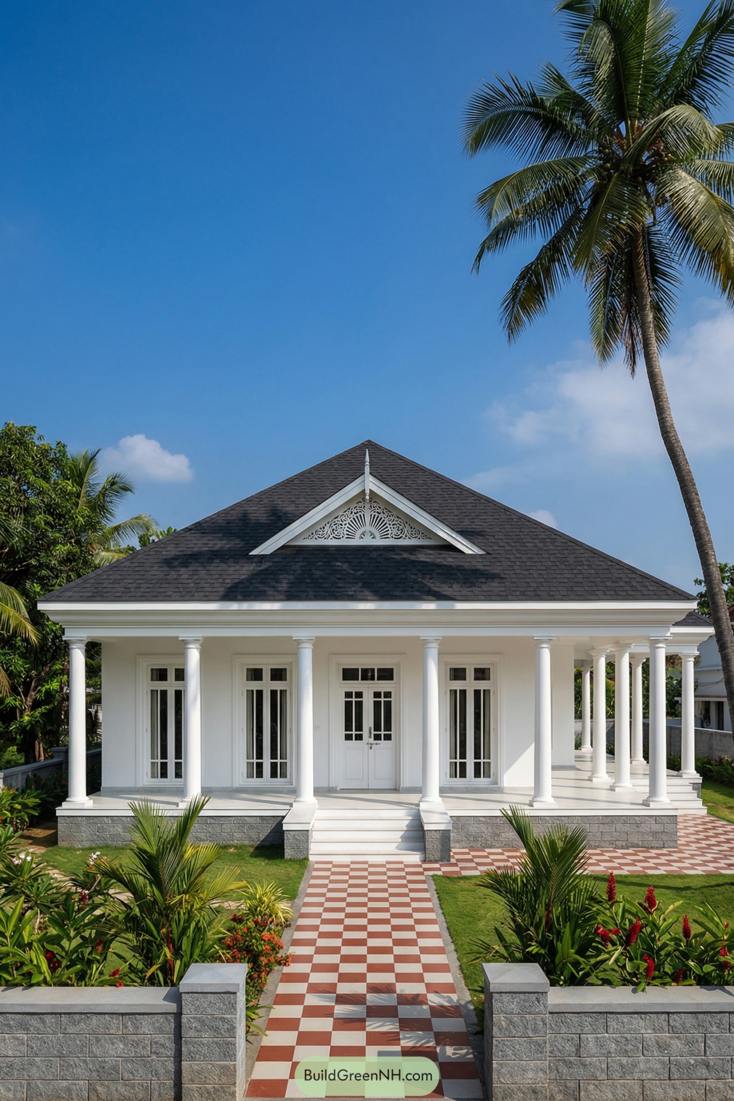 White single floor villa with classical columns and checkered path in a tropical garden