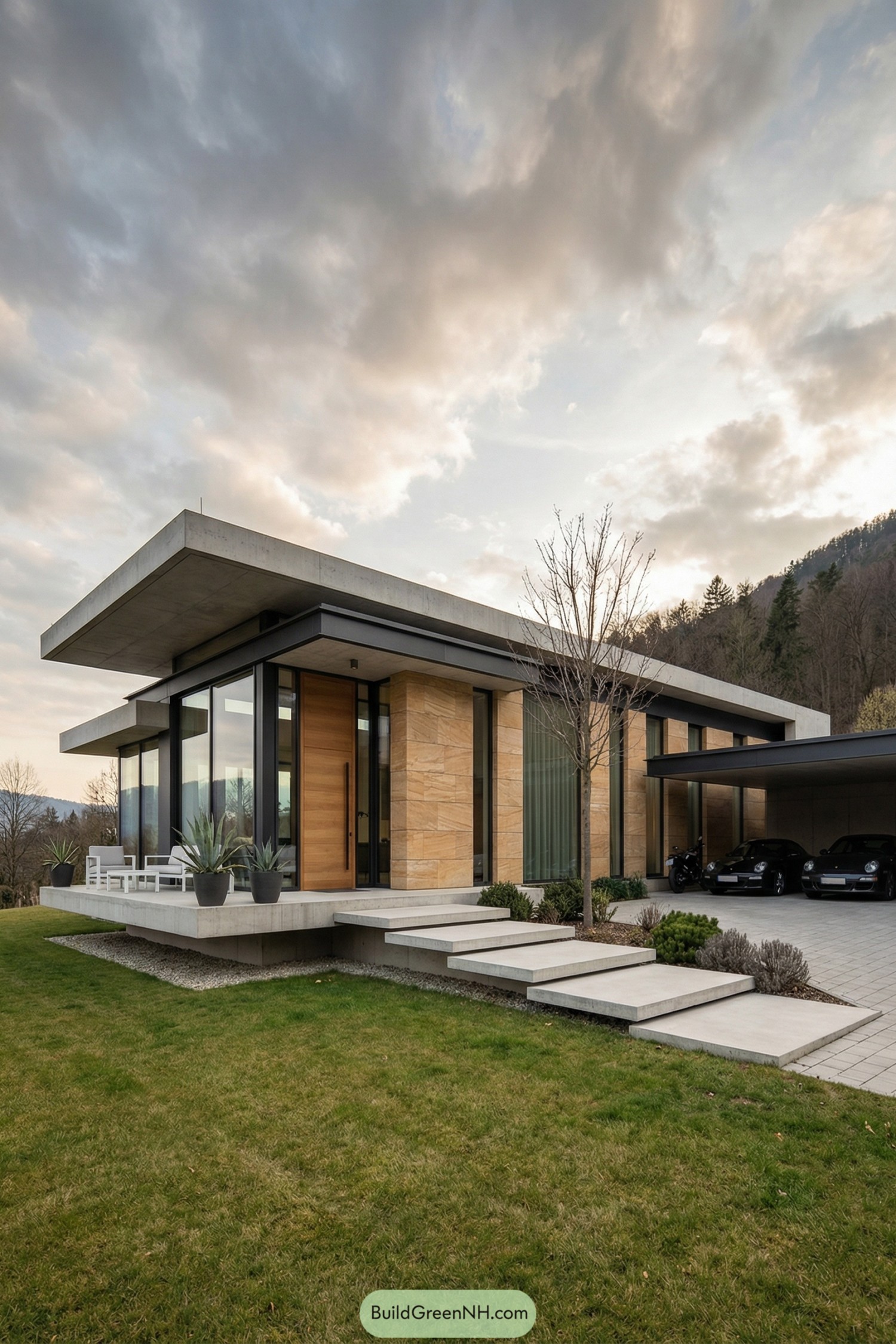 Single story modern villa with broad overhanging concrete roof and large glass walls overlooking a landscaped lawn and carport