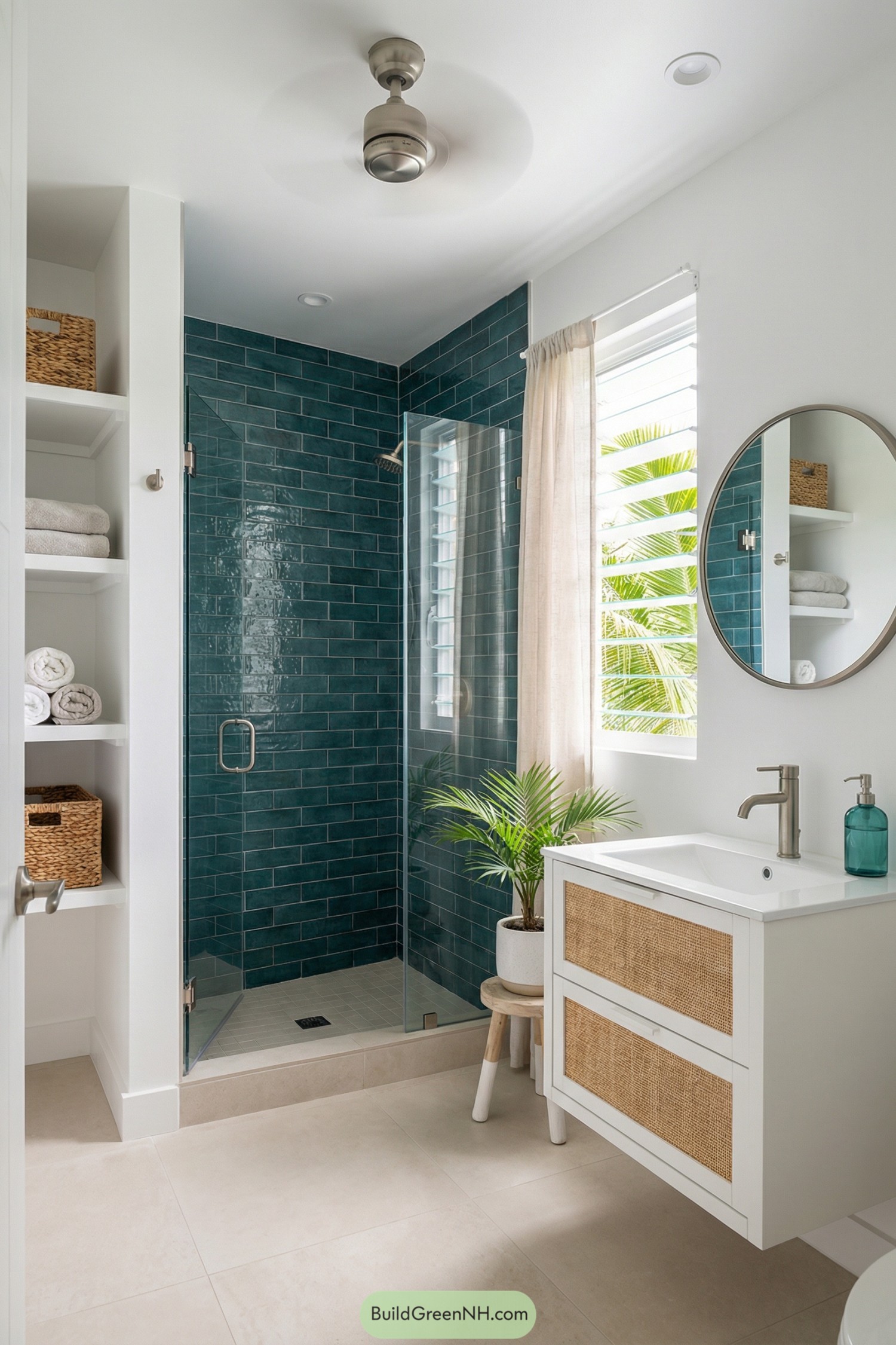 Modern small bathroom with teal subway tile shower, rattan front vanity, and potted palm
