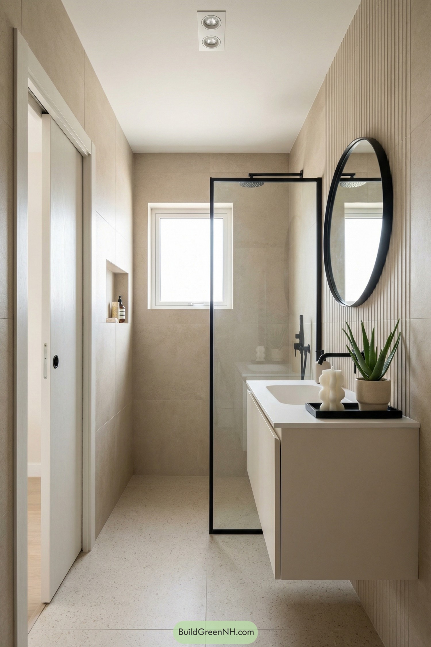 Narrow beige bathroom with glass shower and floating vanity