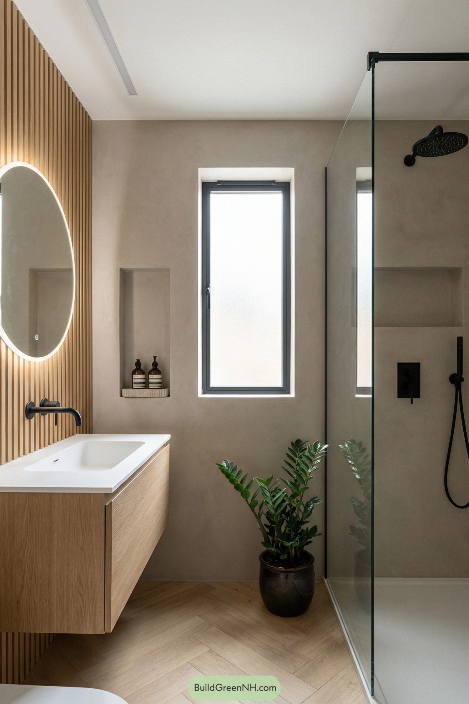Minimalist beige bathroom with wood accents