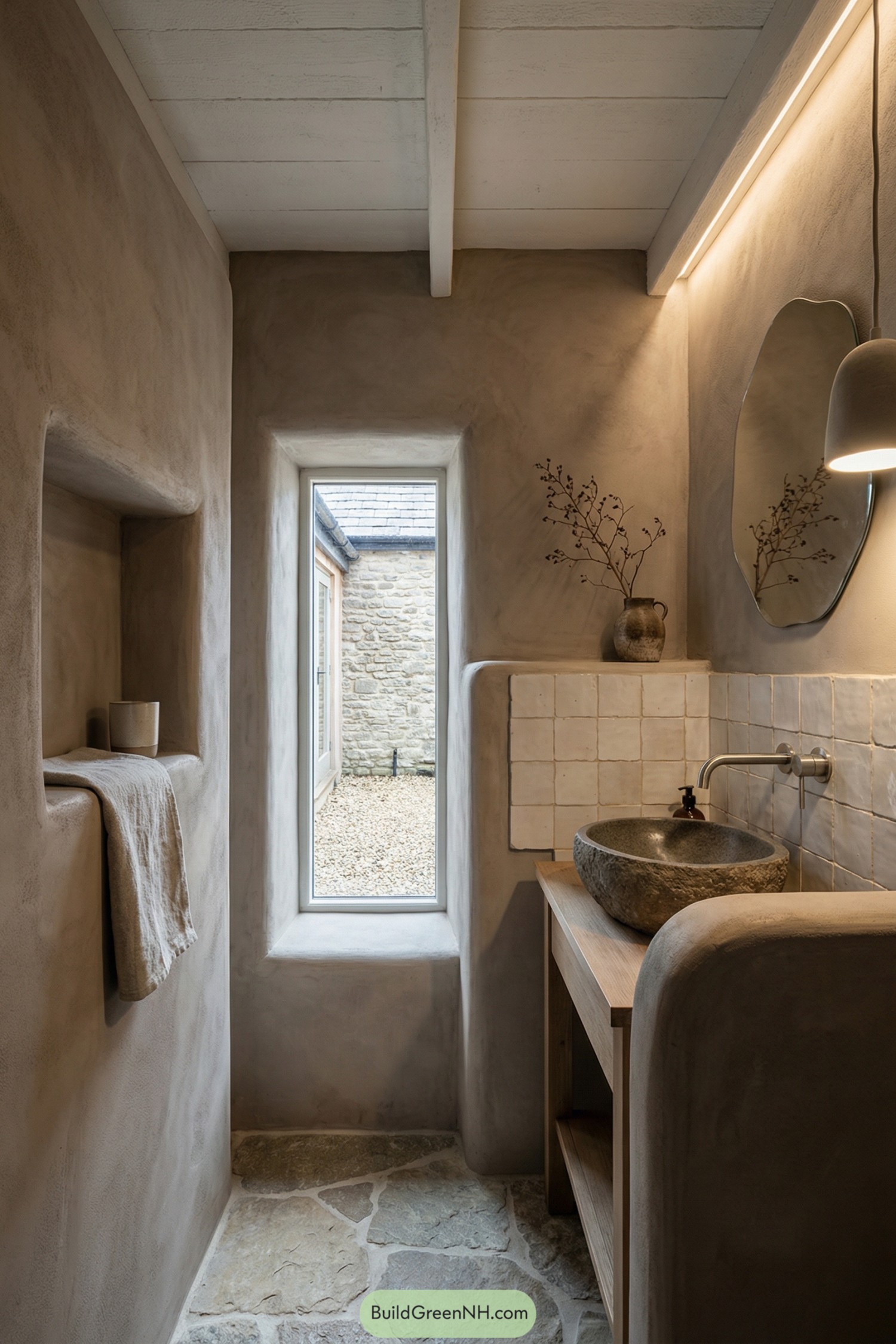 Narrow rustic bathroom with plaster walls stone sink and tall window