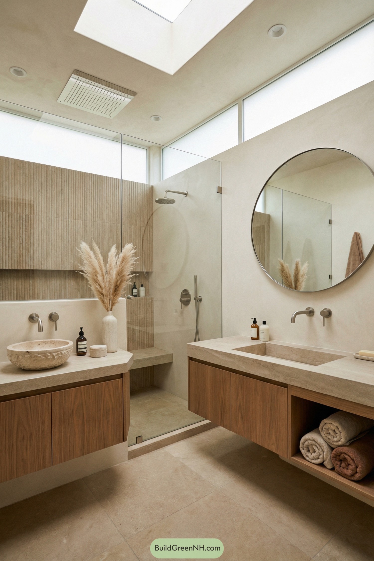 Warm neutral bathroom with glass shower, skylight opening, and floating wood vanities