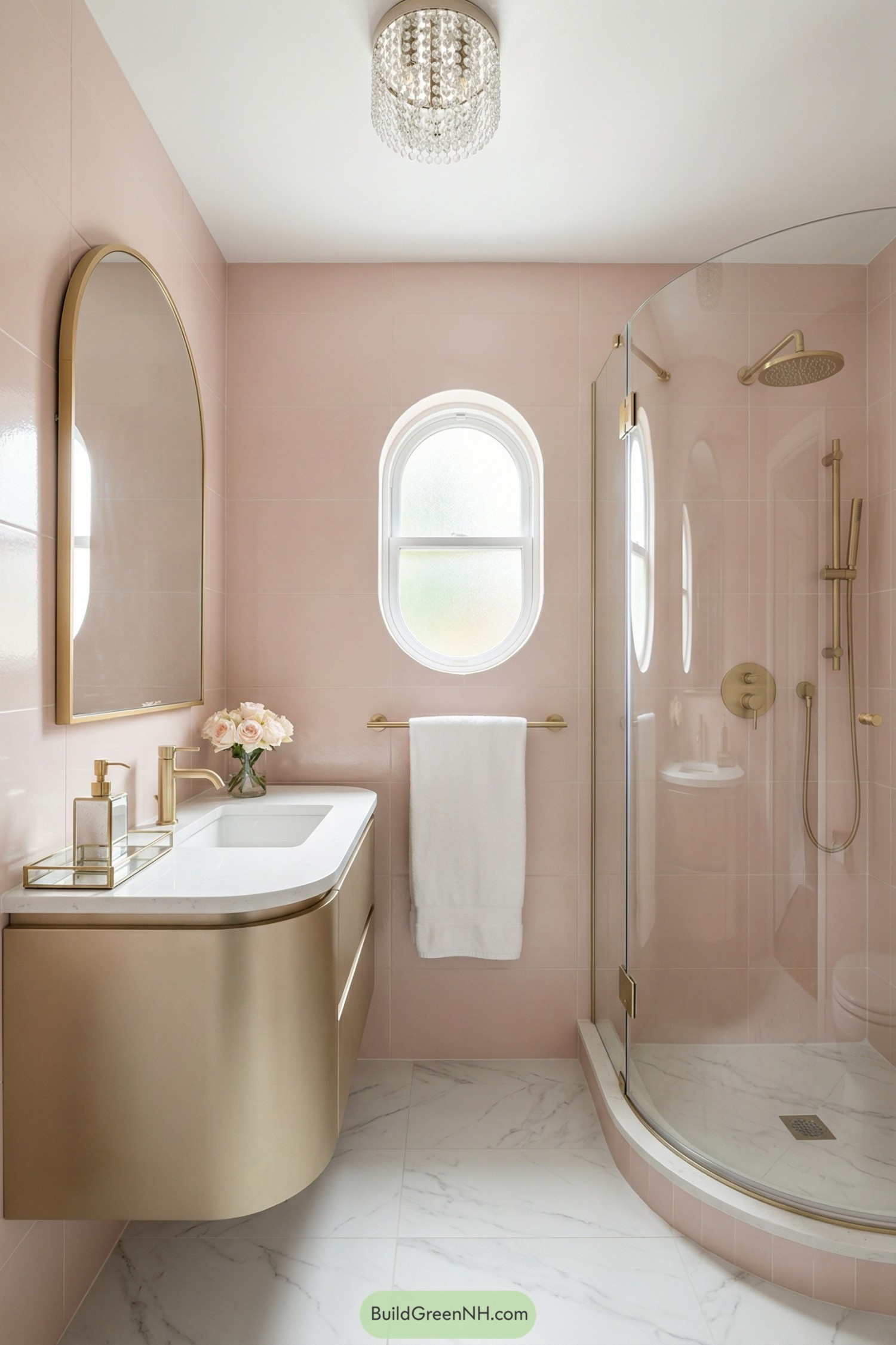 Soft pink bathroom with curved glass shower and gold fixtures