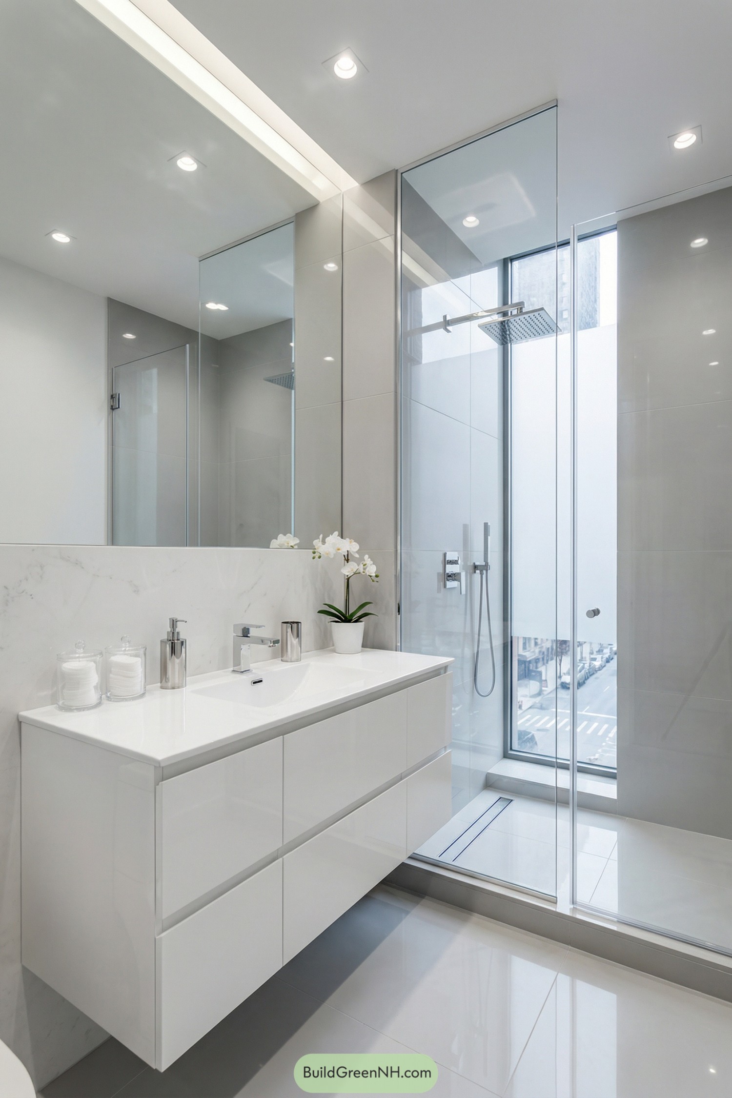 Compact white bathroom with glass shower