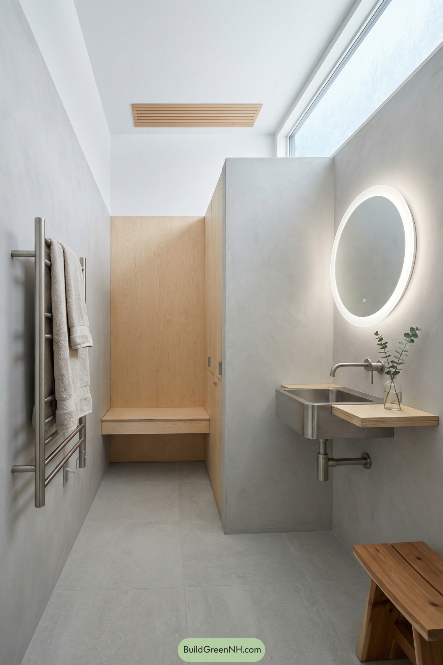 Minimalist light wood and concrete bathroom with built in bench and round backlit mirror