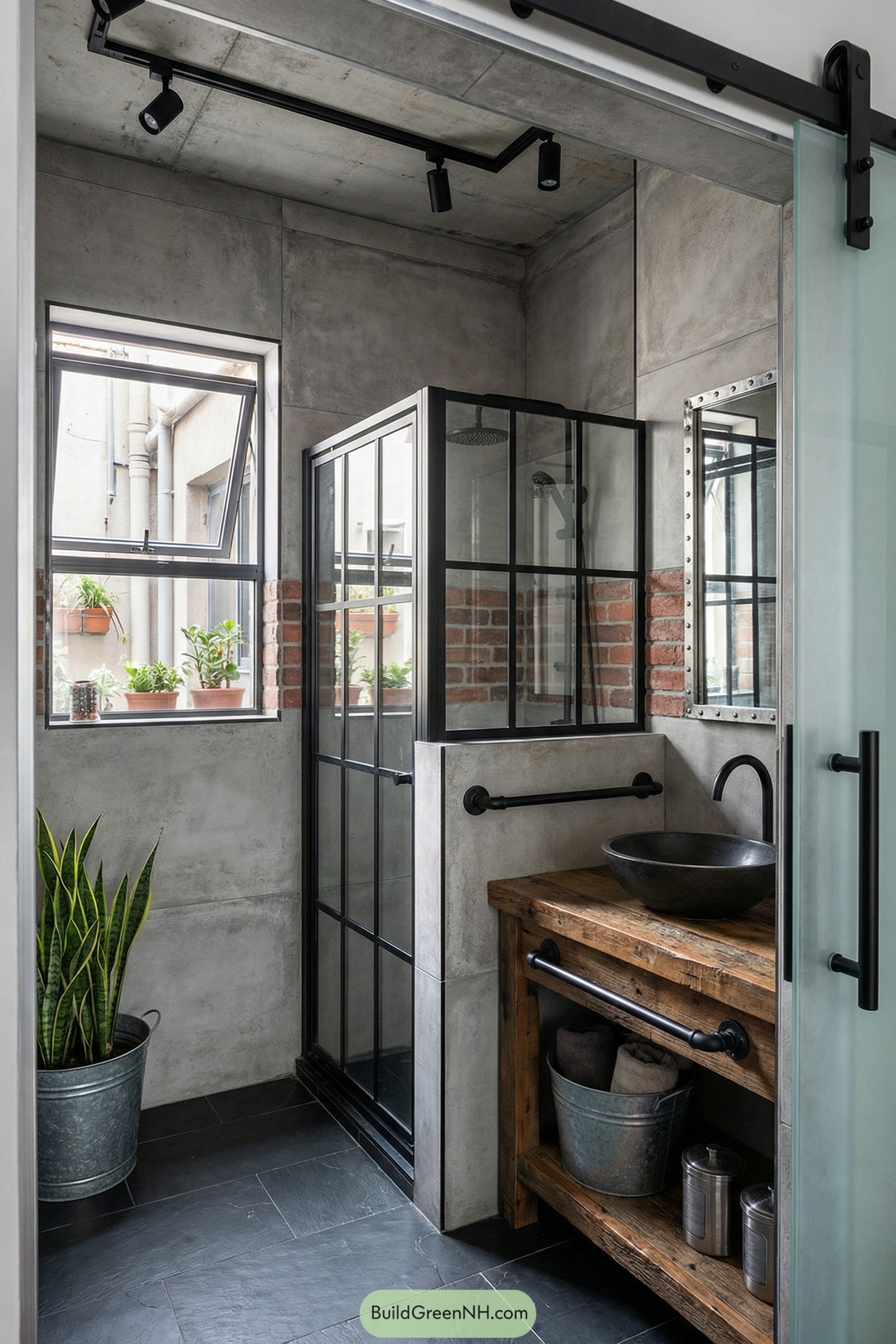 Small industrial bathroom with glass shower and rustic wood vanity