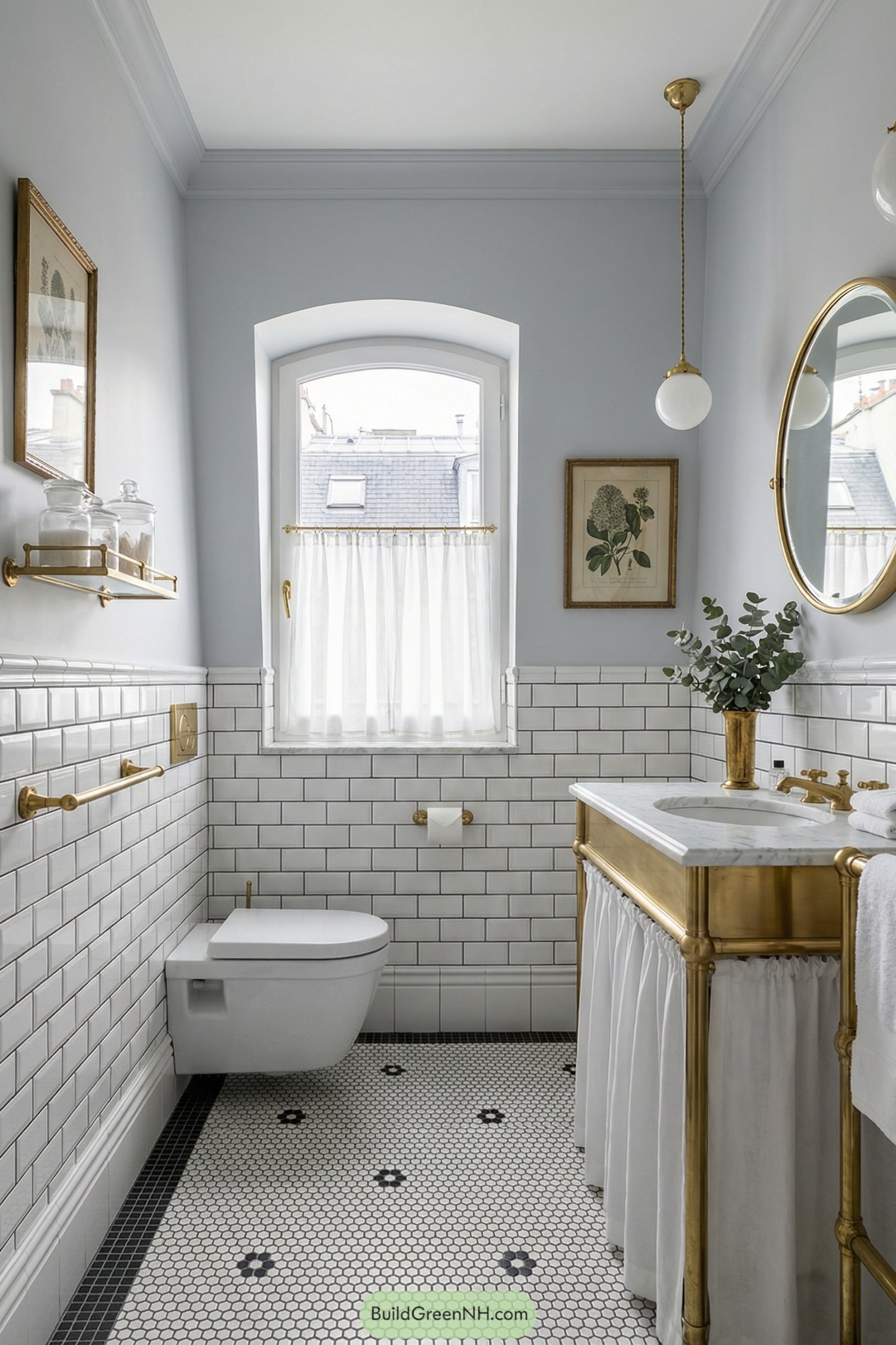 Small classic bathroom with brass accents and white tile