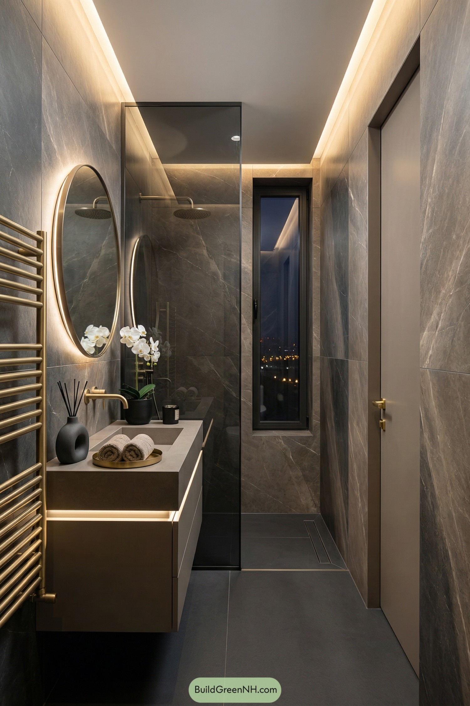Narrow modern bathroom with stone finishes