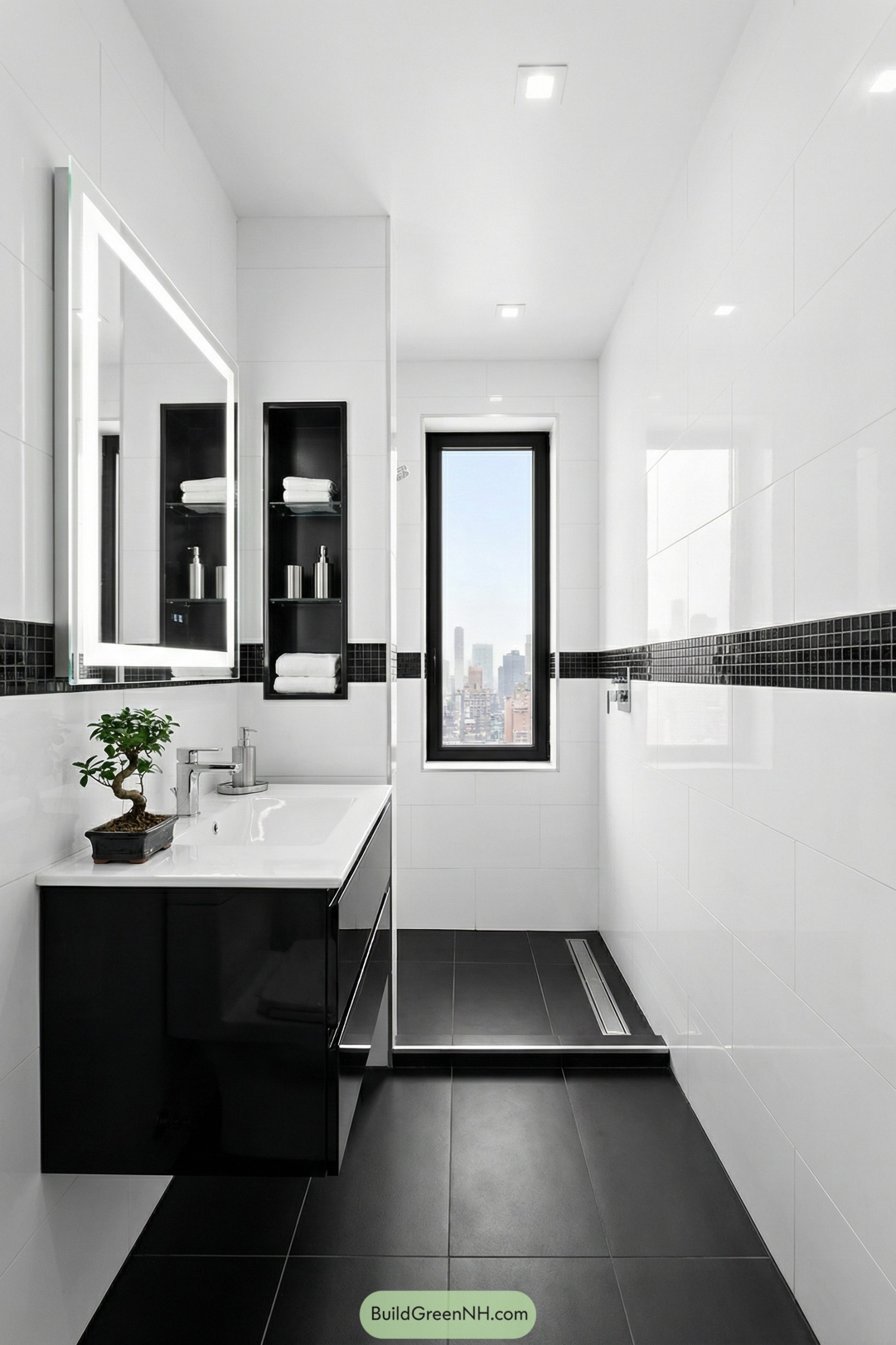 Narrow black and white bathroom with floating vanity and city view window