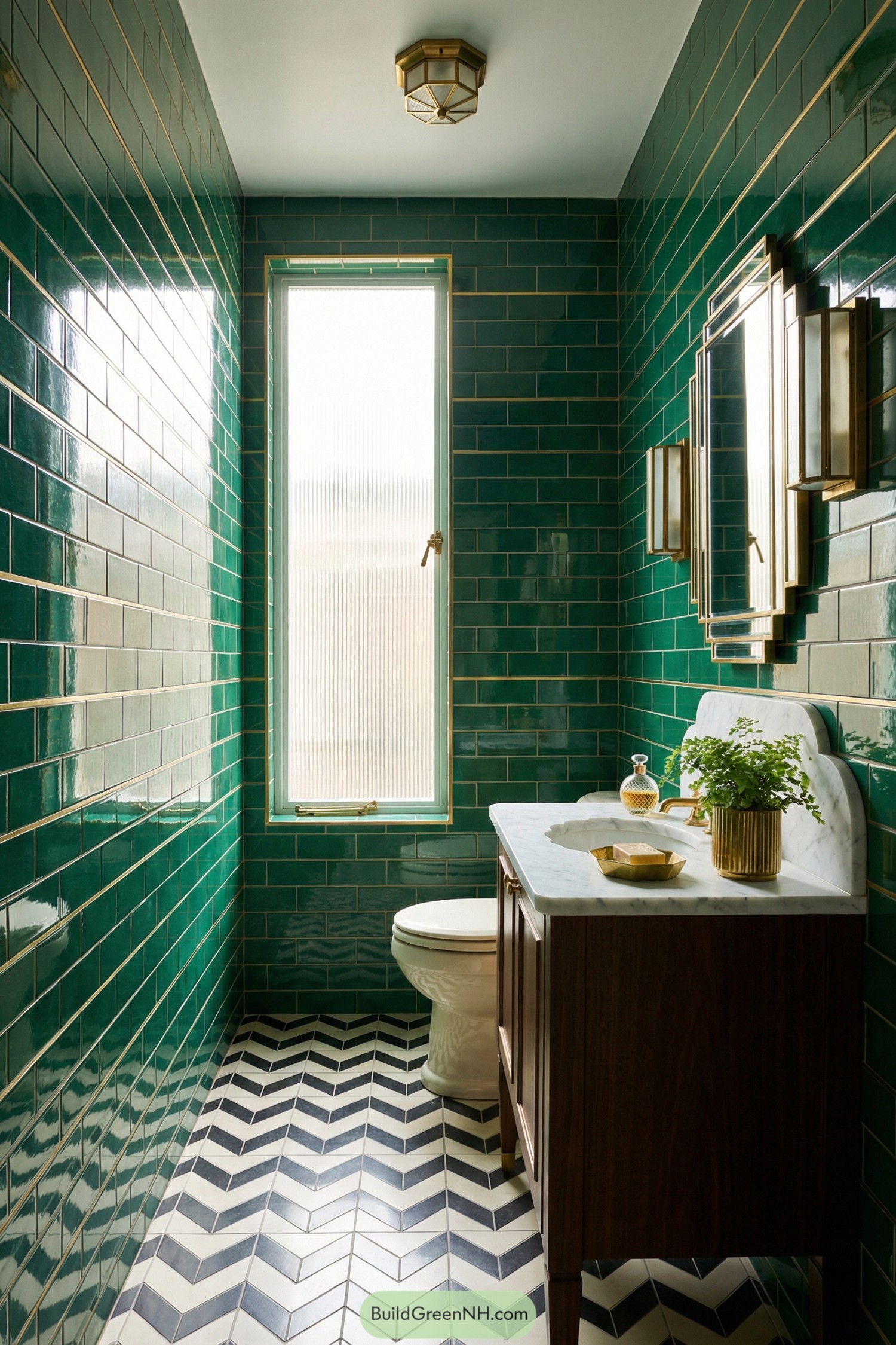 Narrow bathroom with glossy green tiles and bold chevron floor