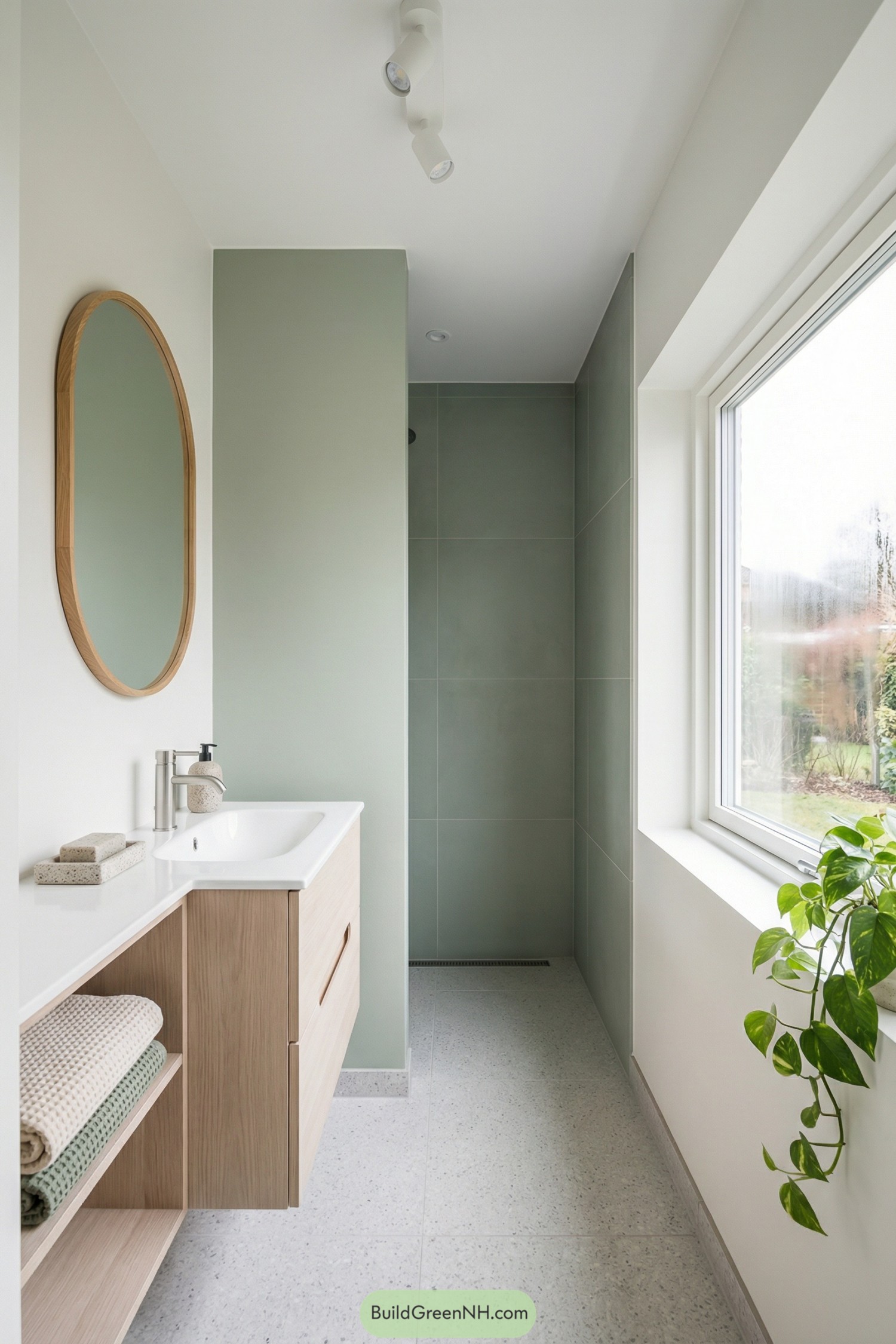 Minimalist green and white bathroom with wood vanity and large window