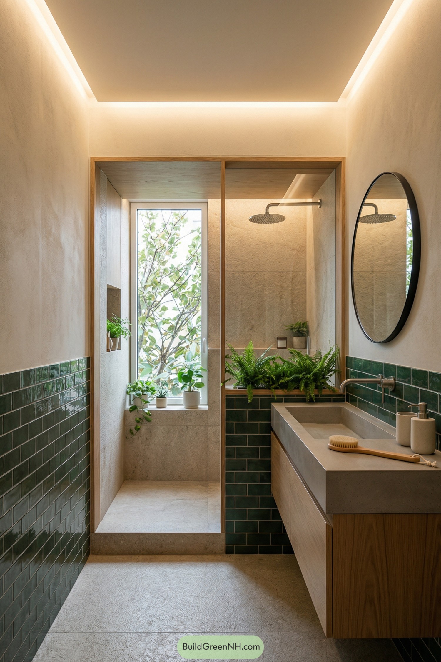 Compact bathroom with green tiles plants and walk in shower by a tall window