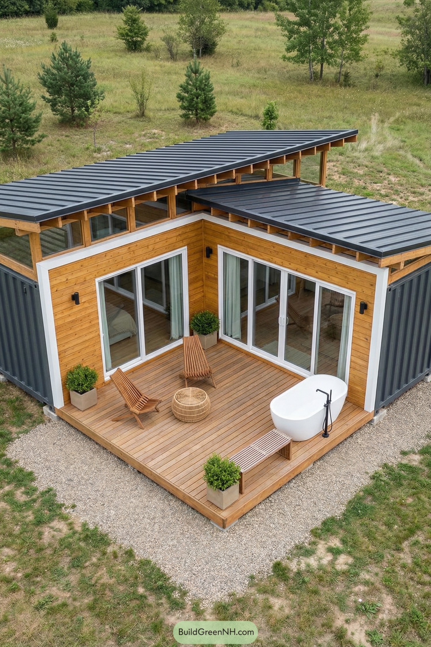 Modern container house with wood deck and outdoor bathtub