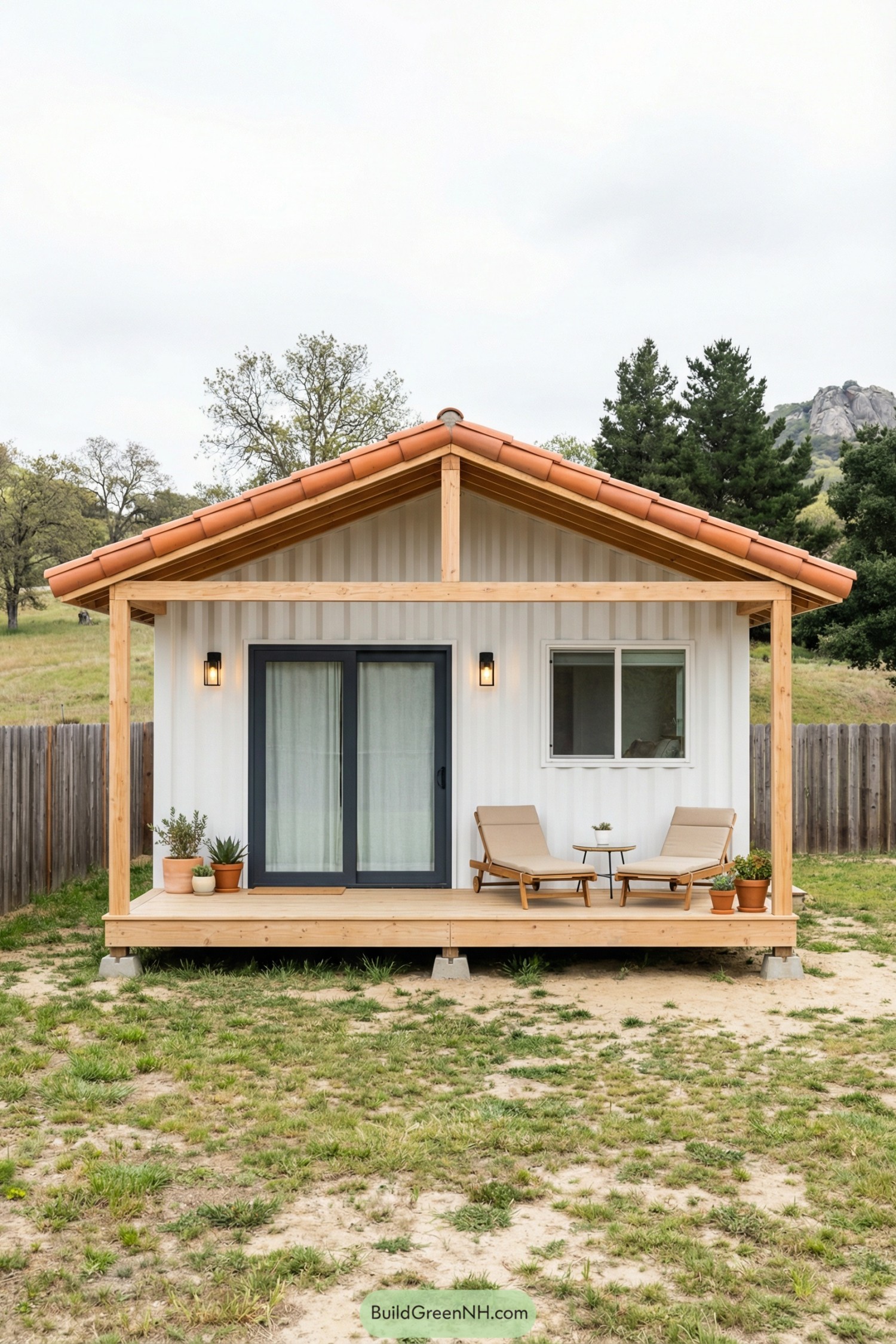 Small white container home with wood porch, gabled tile roof, and lounge chairs