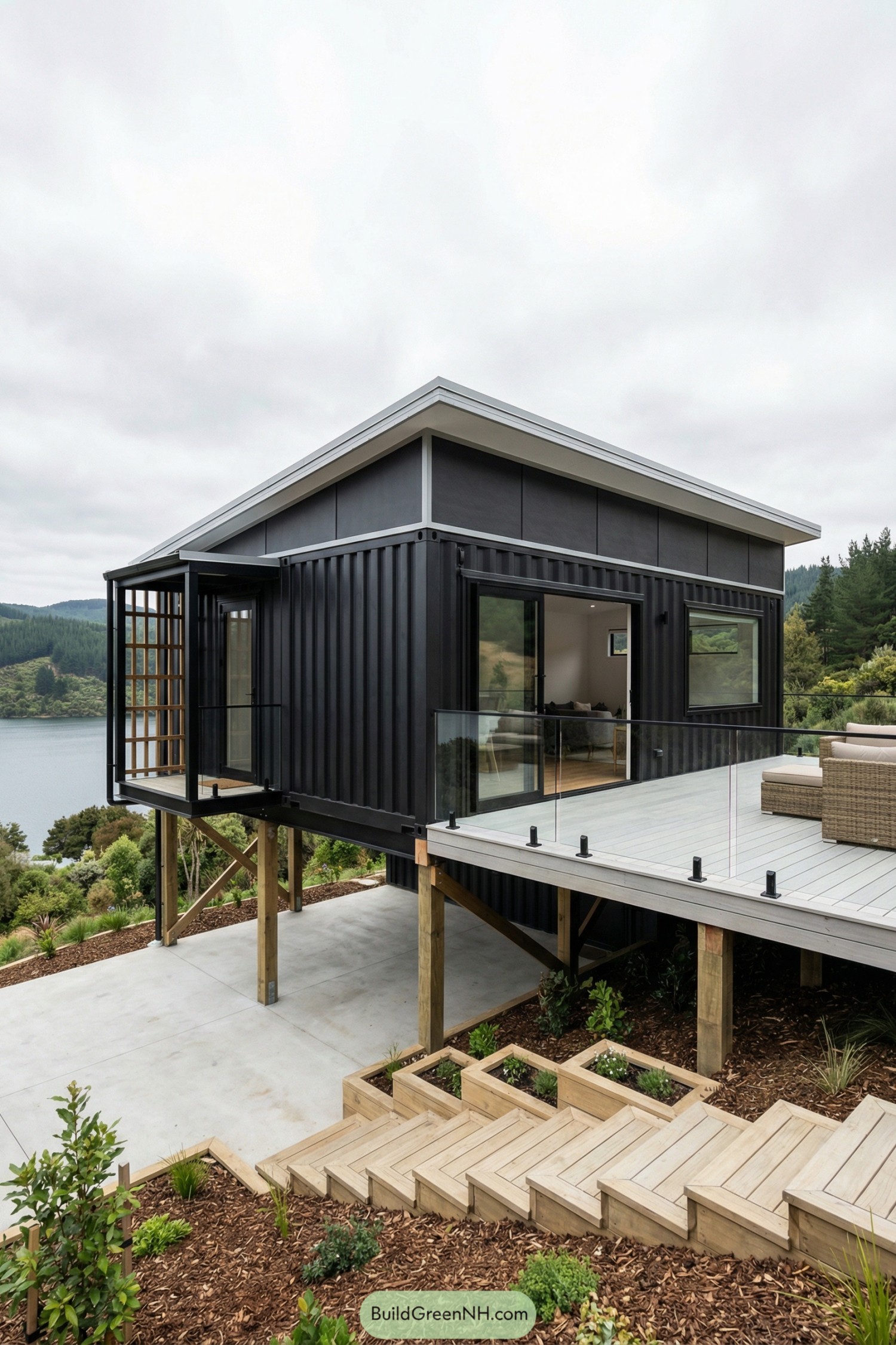 Black container home on stilts with large deck and glass railing overlooking a lake and forested hills