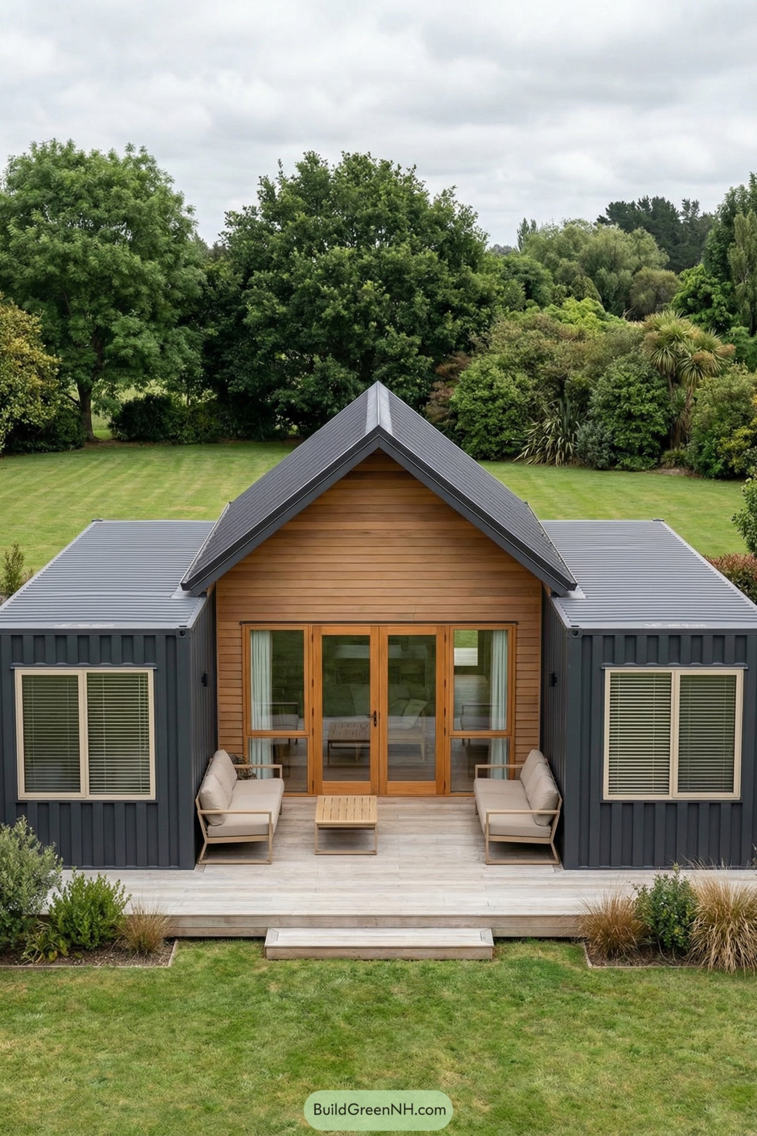 Compact container cottage with central gabled wood entry and front deck seating