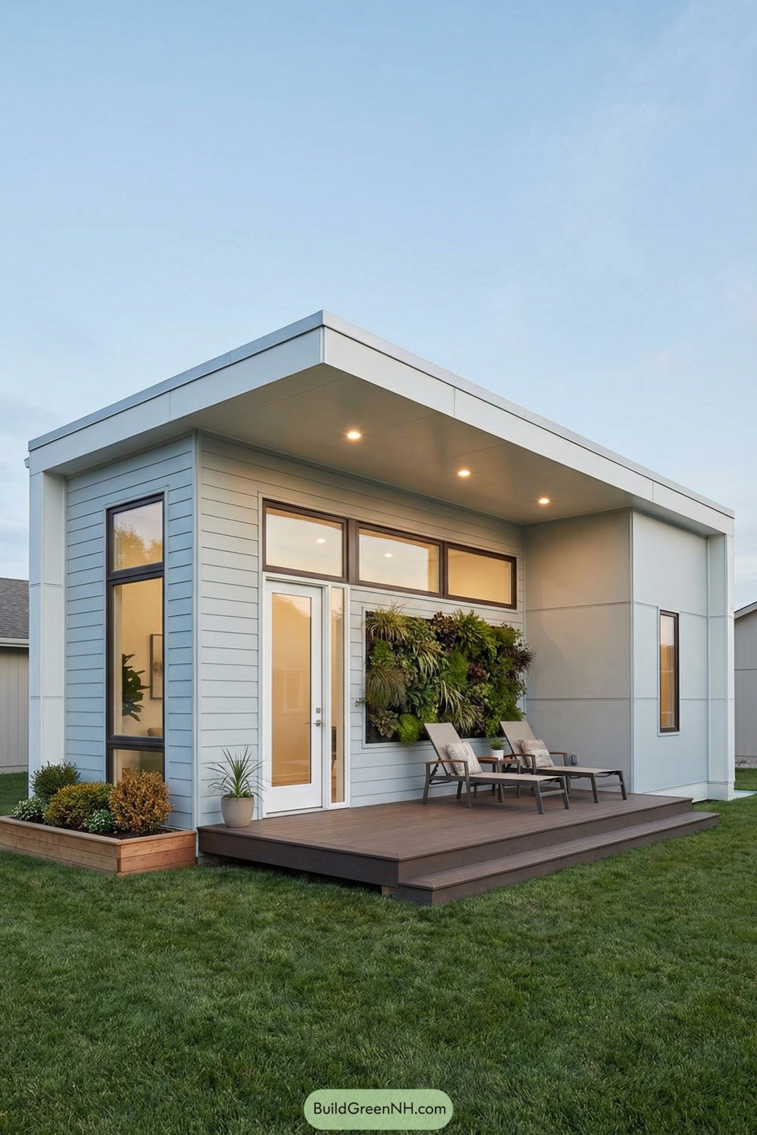 Compact light blue container house with covered deck and lush green wall