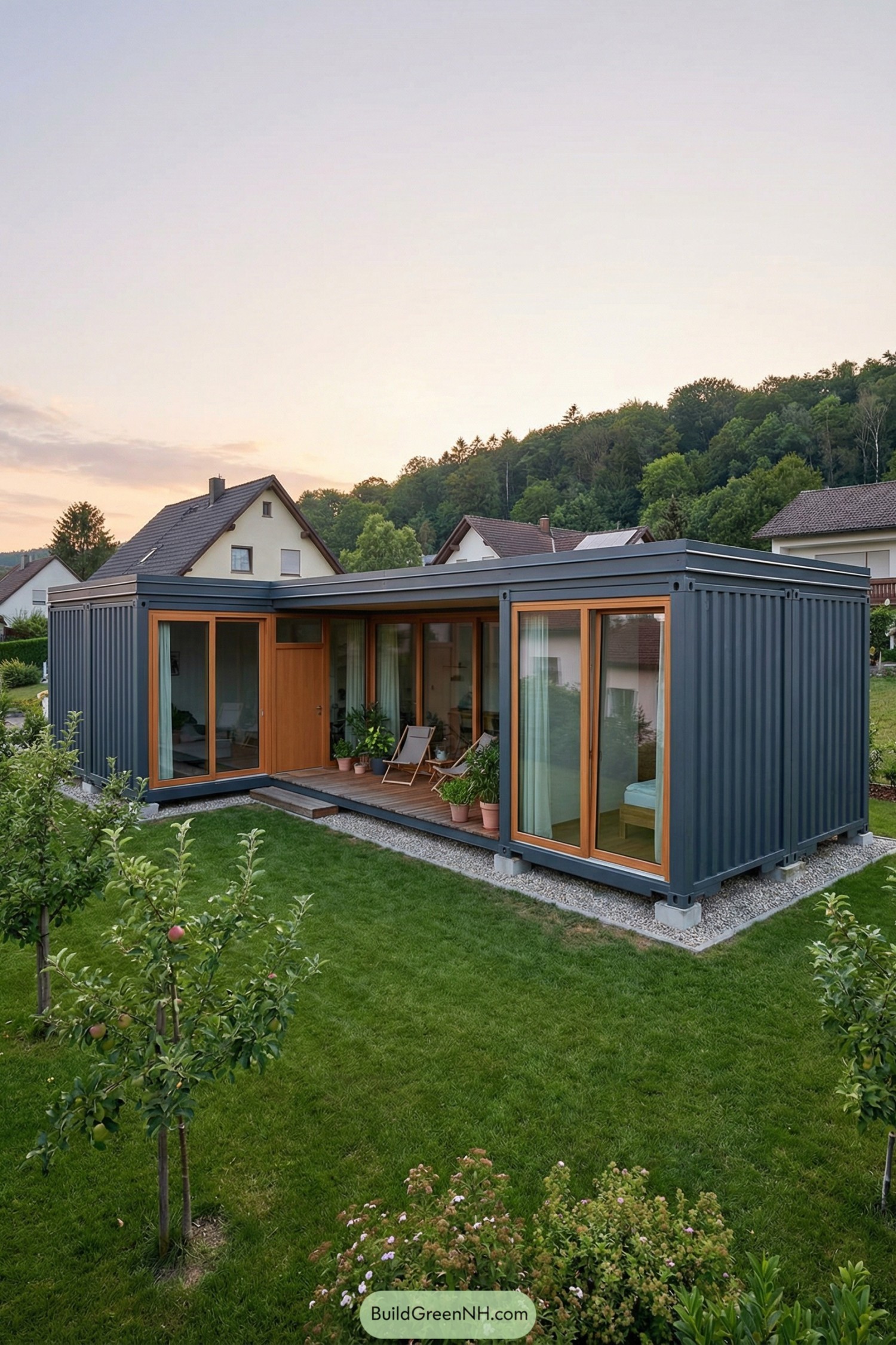Modern gray container home with wood-framed glass walls opening to a small covered deck and surrounding garden