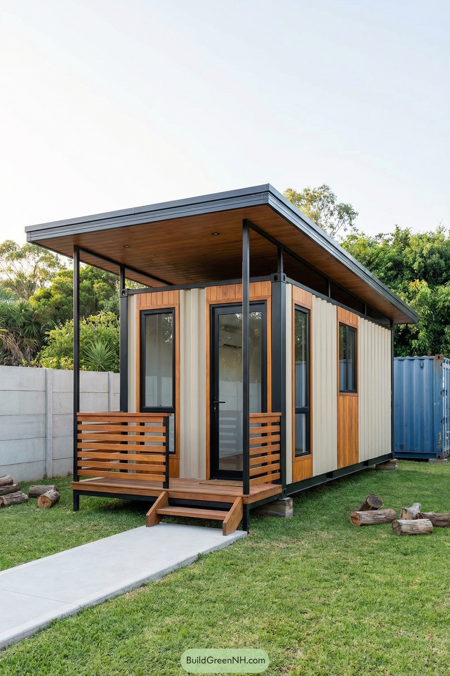 Small container house with wood porch and wide overhang roof in a grassy yard