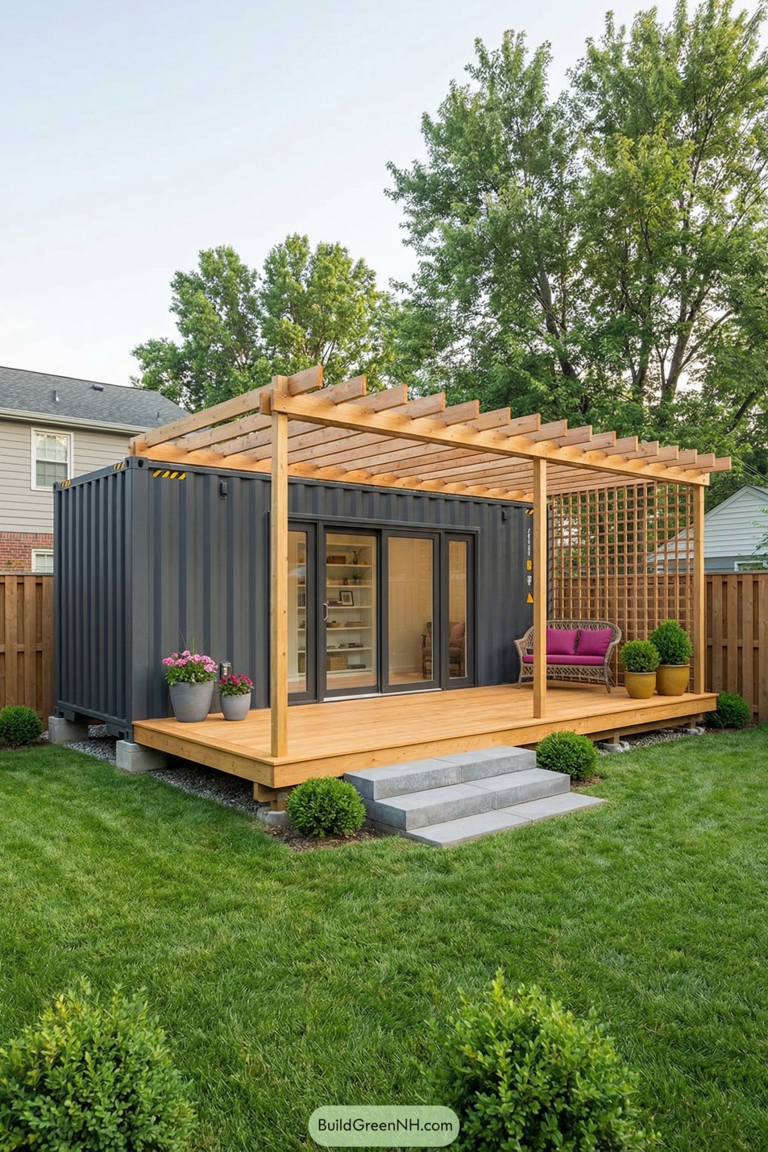 Gray container house with wood pergola deck