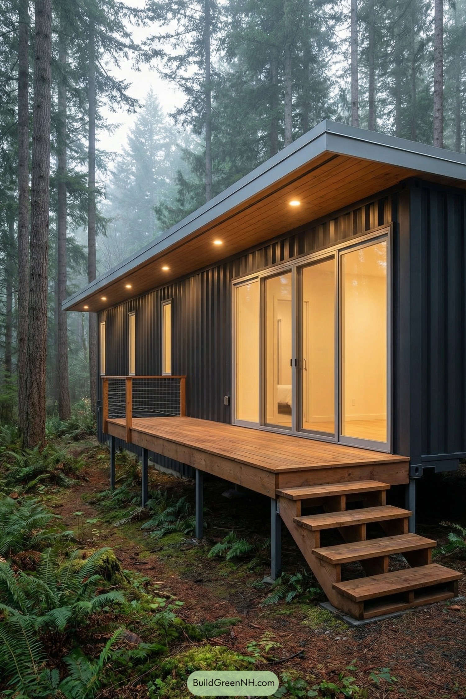 Modern container cabin with warm-lit interior and wood deck in a misty forest
