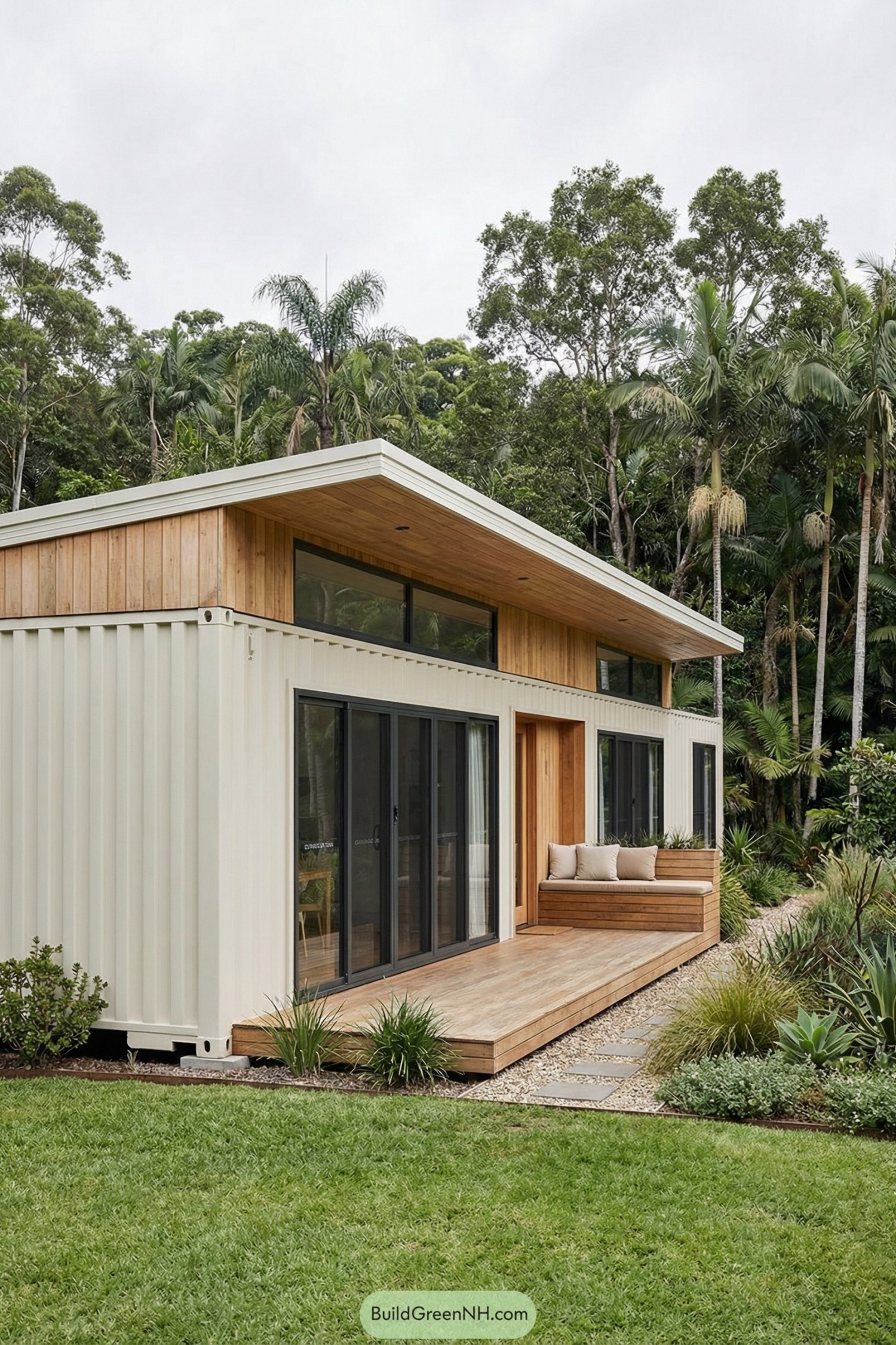Modern container tiny house with wood deck in lush garden