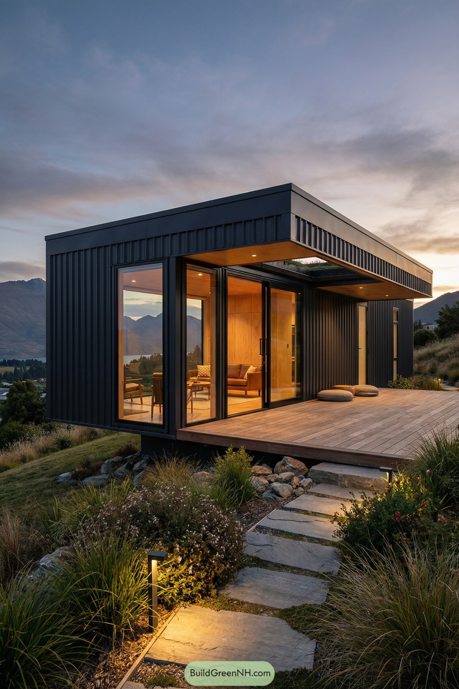 Black metal container home with glass walls and wooden deck at sunset