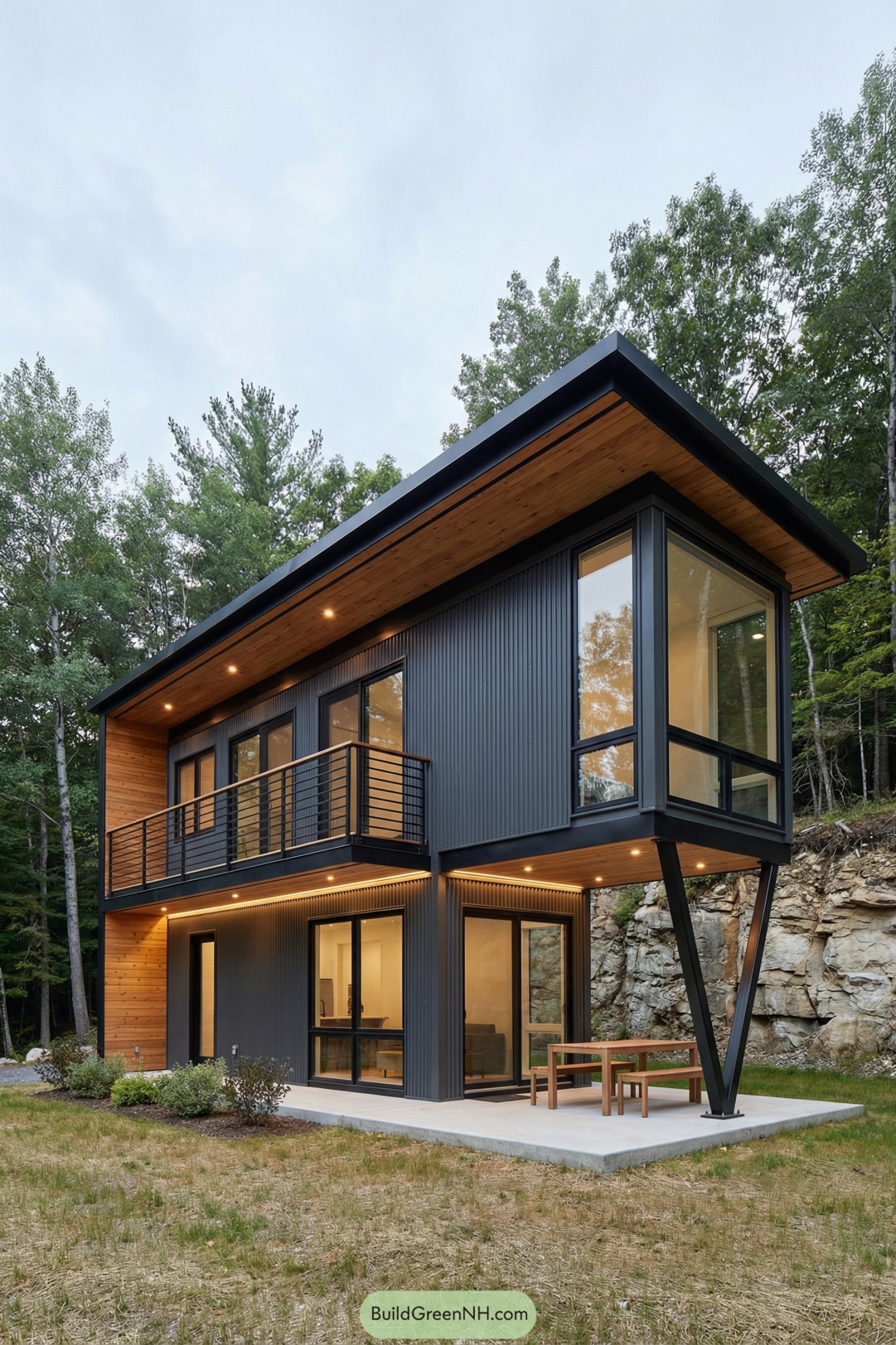 Modern two-story black container house with cantilevered upper level and forest backdrop