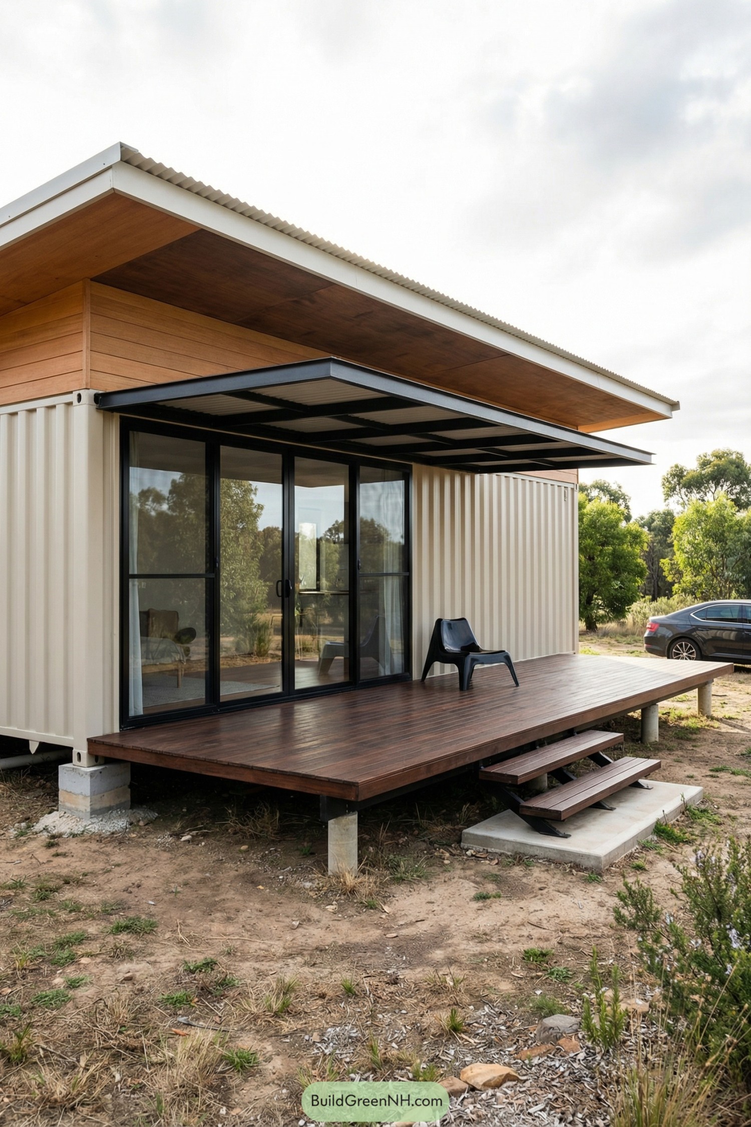 Small beige container home with wide wood porch, black-framed glass sliders, and an extended flat roof canopy