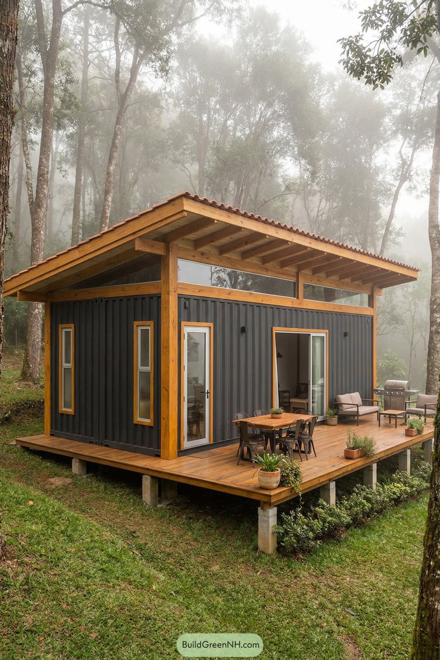 Compact black container cabin with wood framing and raised deck in a misty forest