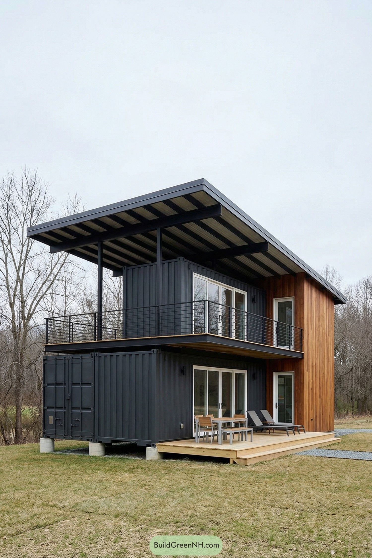 Two-story container house with deep overhang roof, upper balcony, and wood-clad side wall set in an open yard