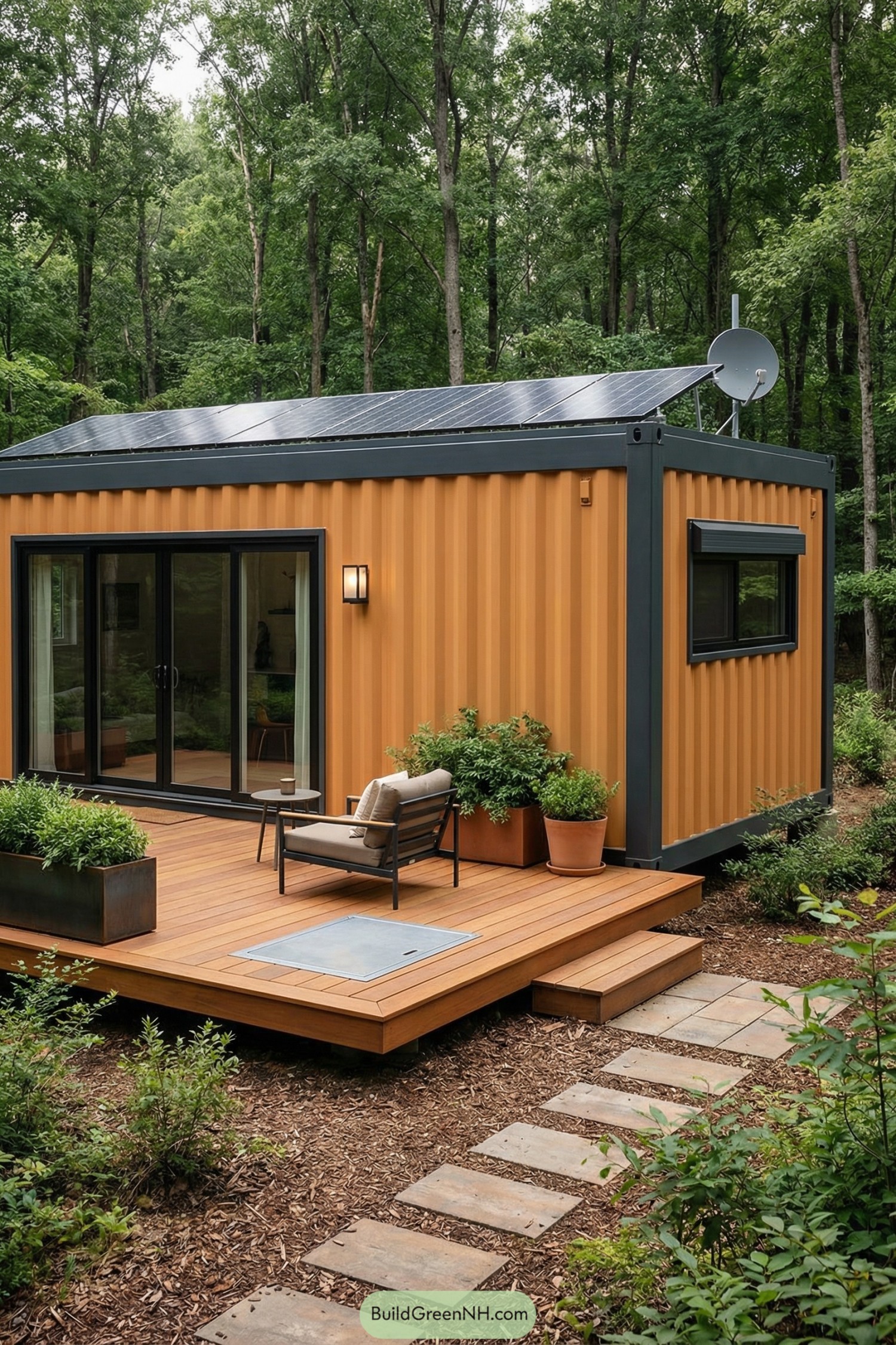 Compact orange container home with solar roof and wood deck in forest setting