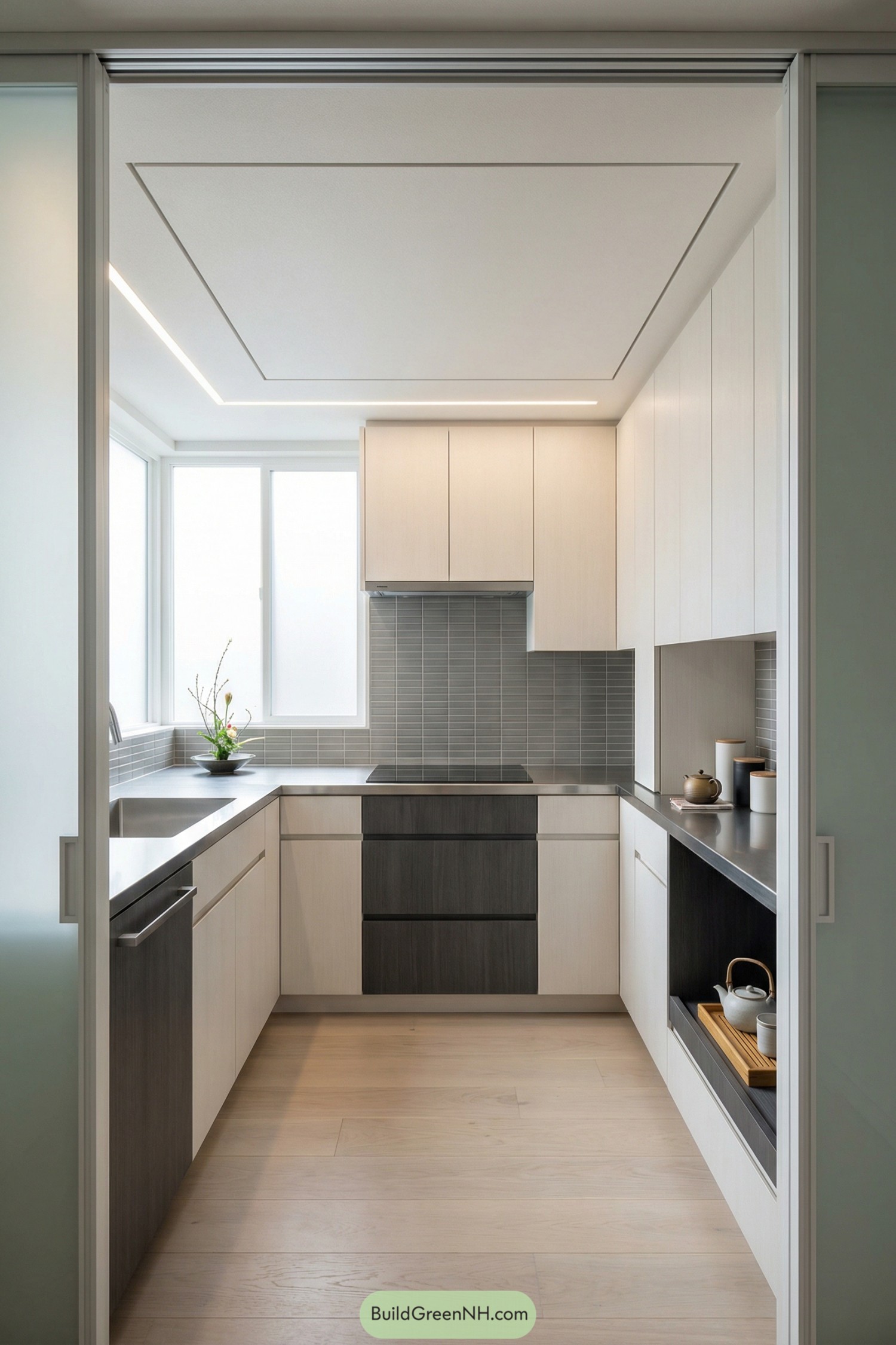 Bright minimalist U shaped kitchen with gray tile backsplash and two tone cabinetry