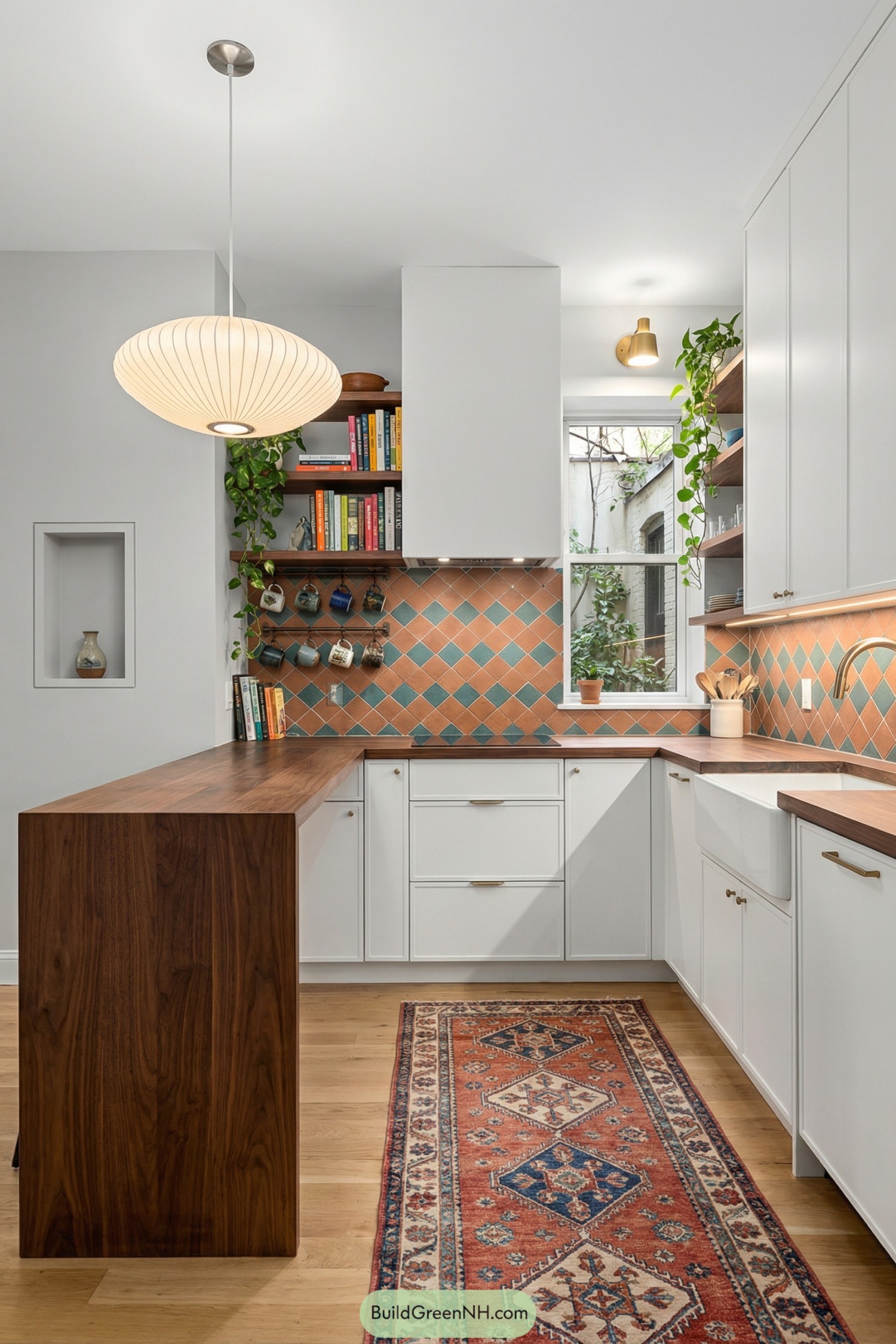 Warm white U shaped kitchen with wood counters patterned rug and terracotta diamond tile backsplash