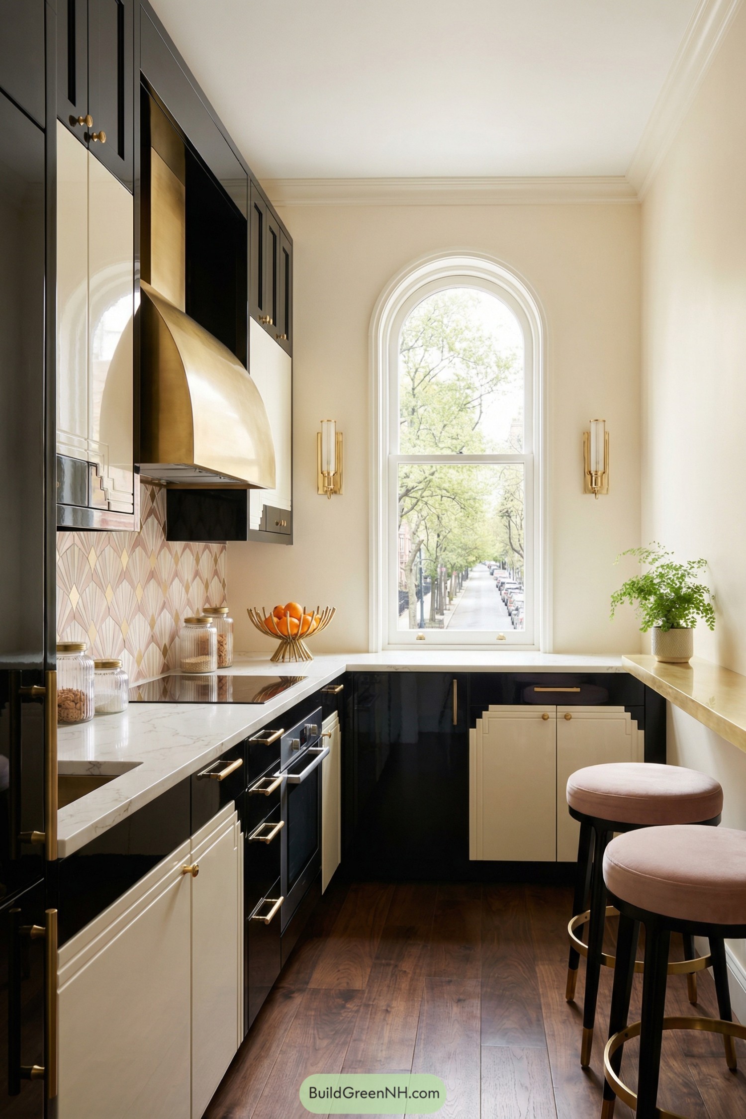 Narrow U shaped kitchen with black and cream cabinetry, brass accents, and arched window