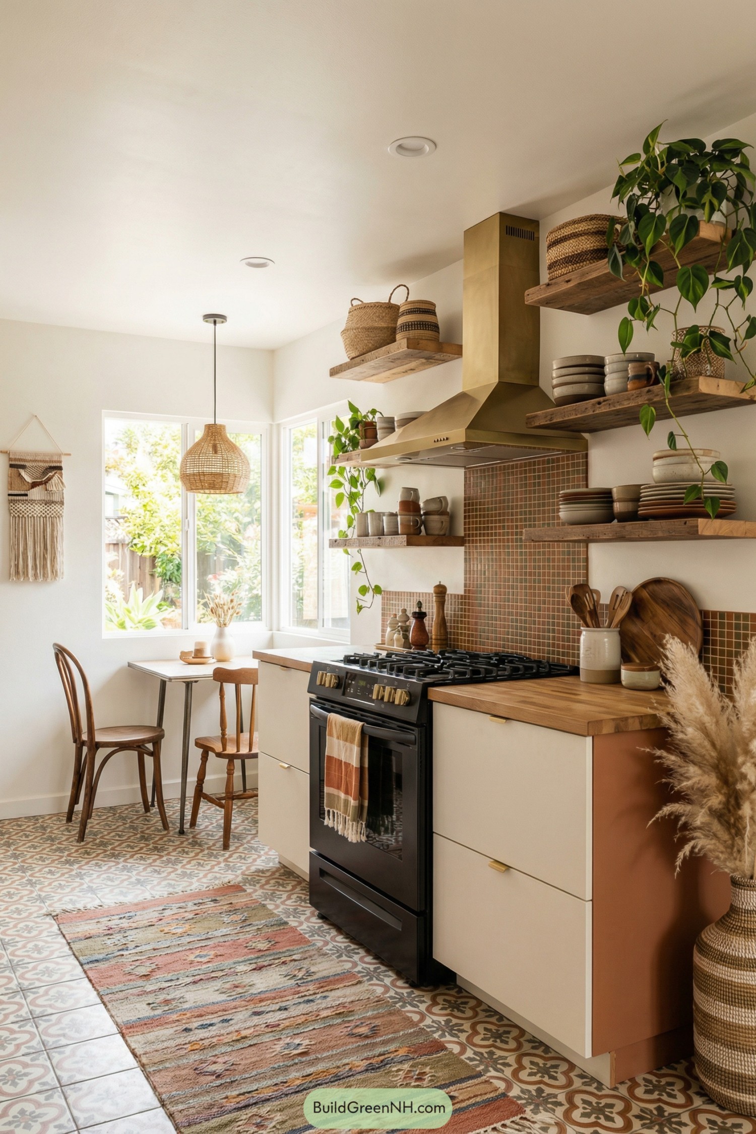 Warm bohemian small kitchen with open shelves wood accents patterned floor and sunny breakfast nook